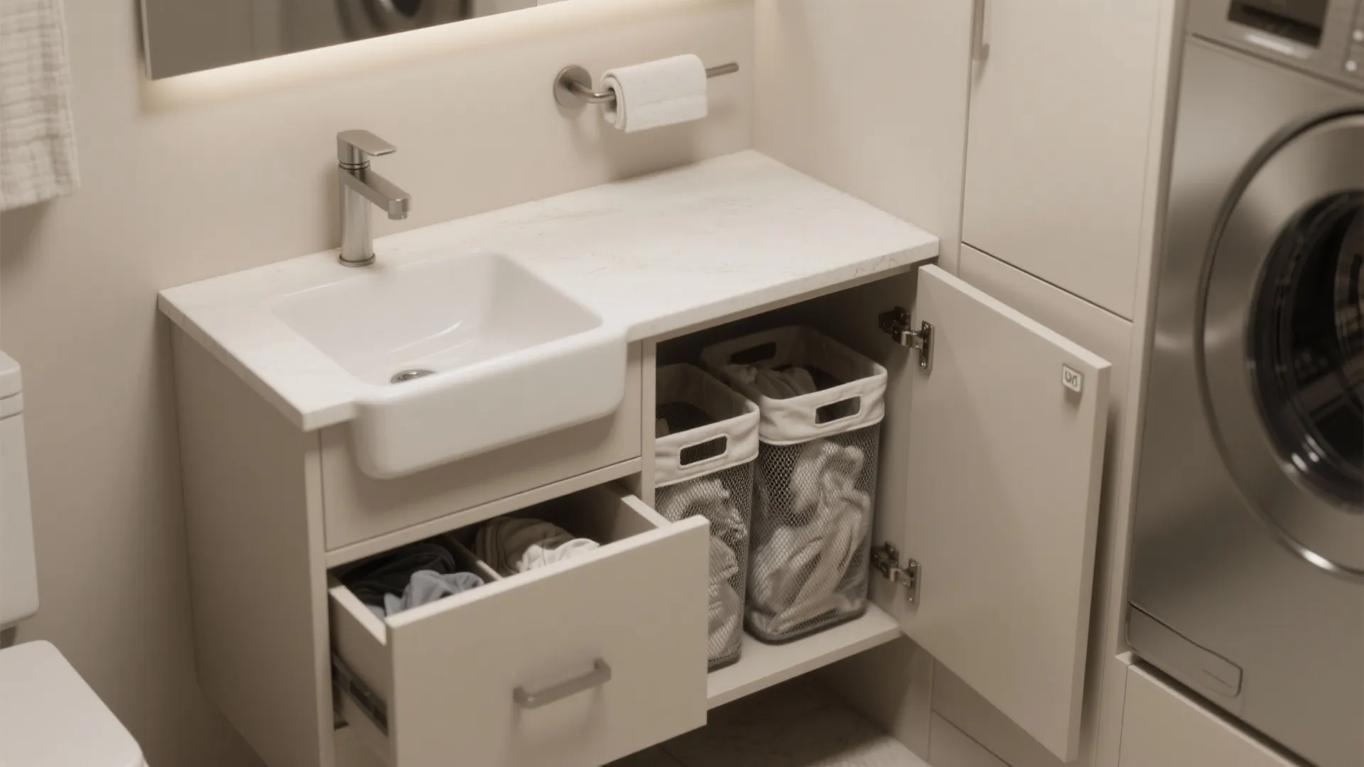 Compact vanity-style laundry sink with integrated hidden hampers and neat drawer fronts for concealed sorting.