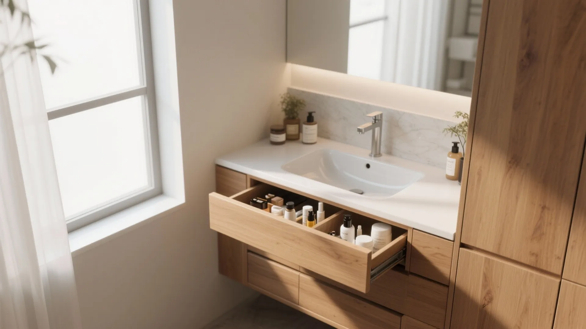 Modern wood bathroom cabinet with an open drawer showing various skin care products and bottles