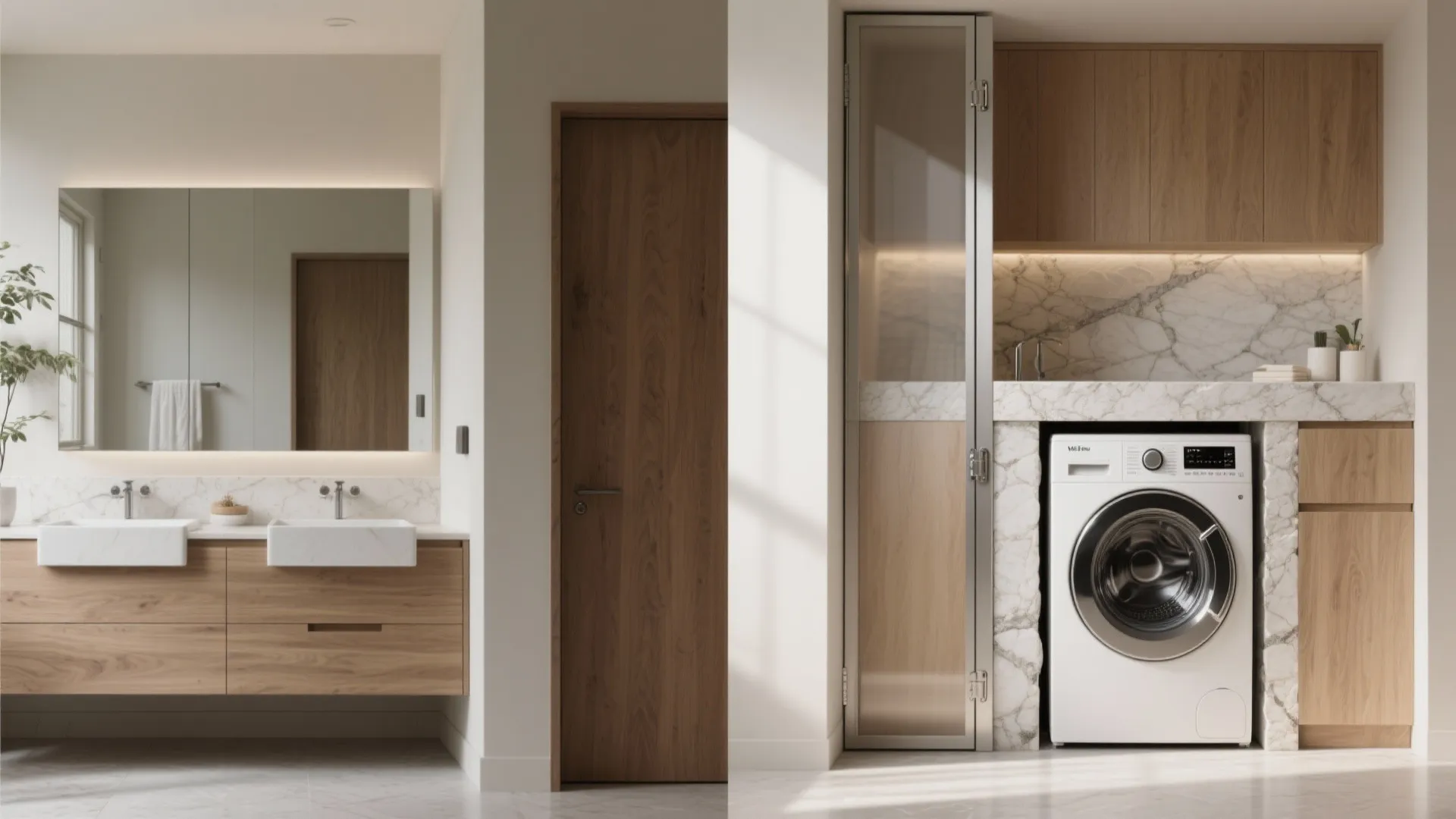 Modern bathroom vanity next to laundry area featuring washing machine under marble counter with wood cabinets