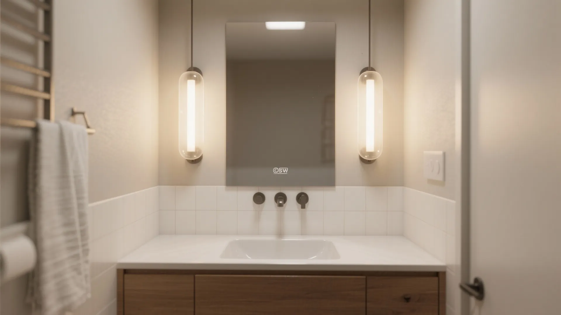 Modern bathroom vanity with wood cabinet white tile wall rectangular mirror and two light fixtures