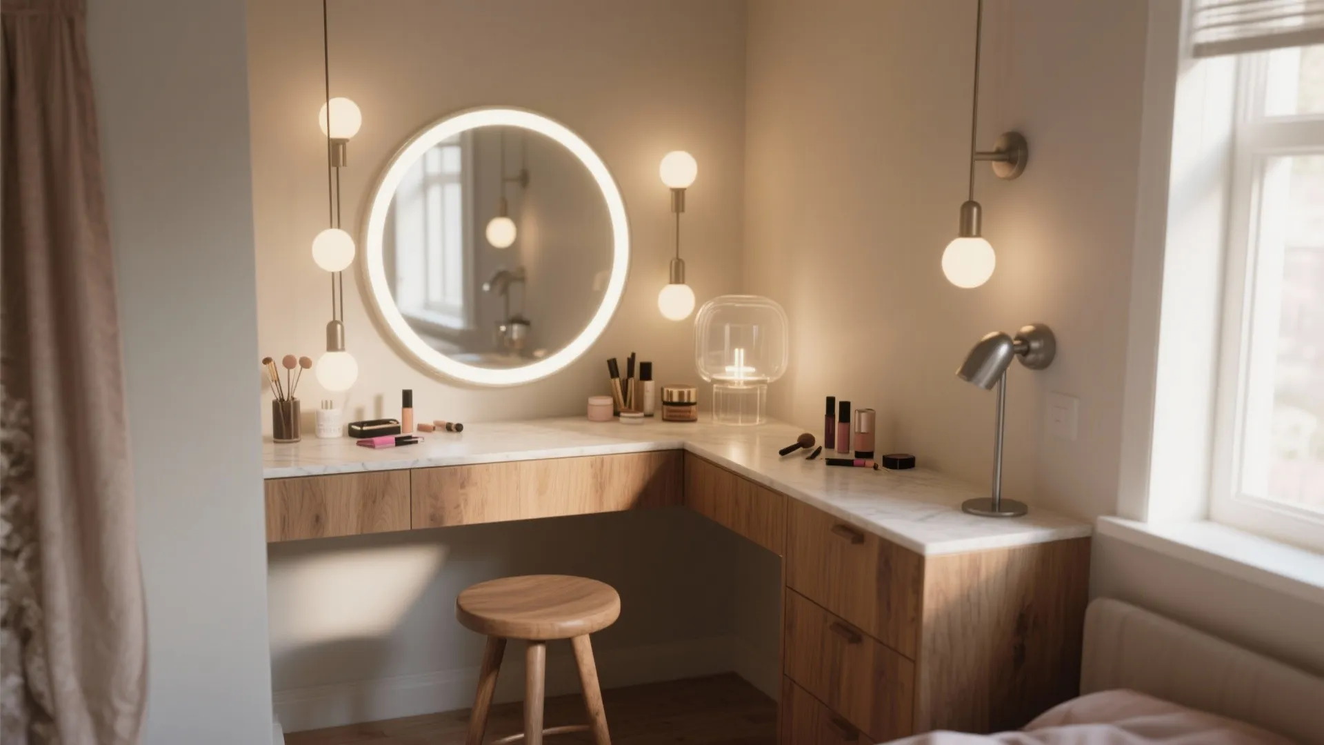 Corner makeup table with round light mirror wooden drawers and small stool in a cozy bedroom