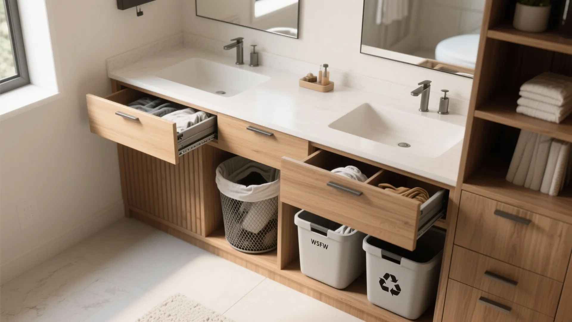 Double sink wood cabinet with open drawers and built in laundry basket and recycling bins