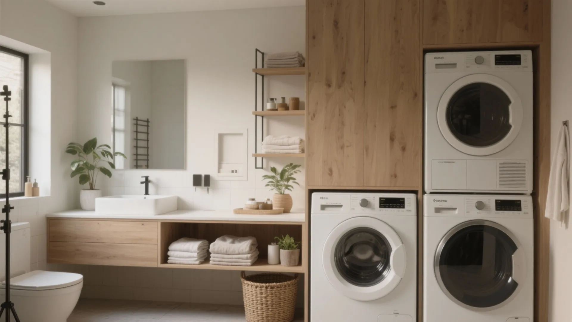 Modern laundry room featuring a wooden cabinet with stacked washing machine and dryer near white sink