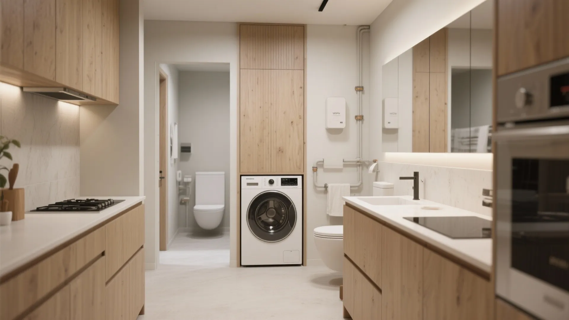 Small apartment interior showing washing machine integrated into wooden kitchen cabinet near the bathroom area