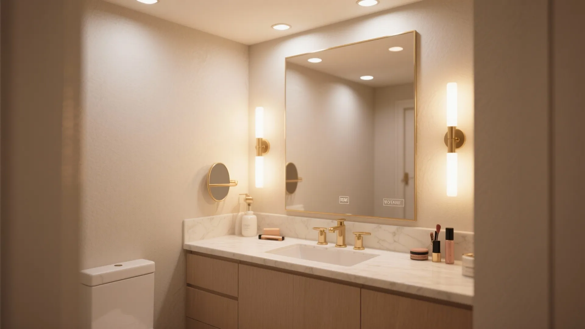 Modern bathroom cabinet with marble top large square mirror wall light and warm indoor lighting