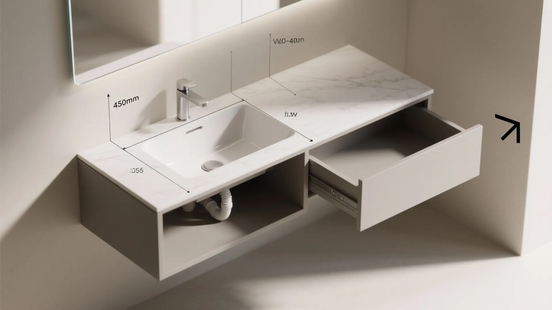 Interior design drawing of a floating bathroom vanity with marble top sink and open drawer