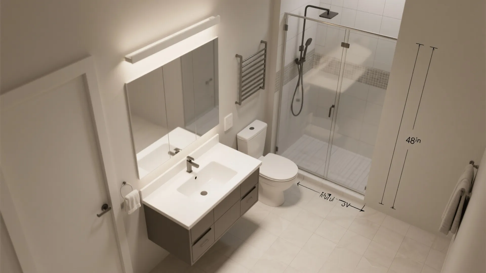 Modern bathroom interior design drawing showing sink toilet shower glass door and labeled height measurements