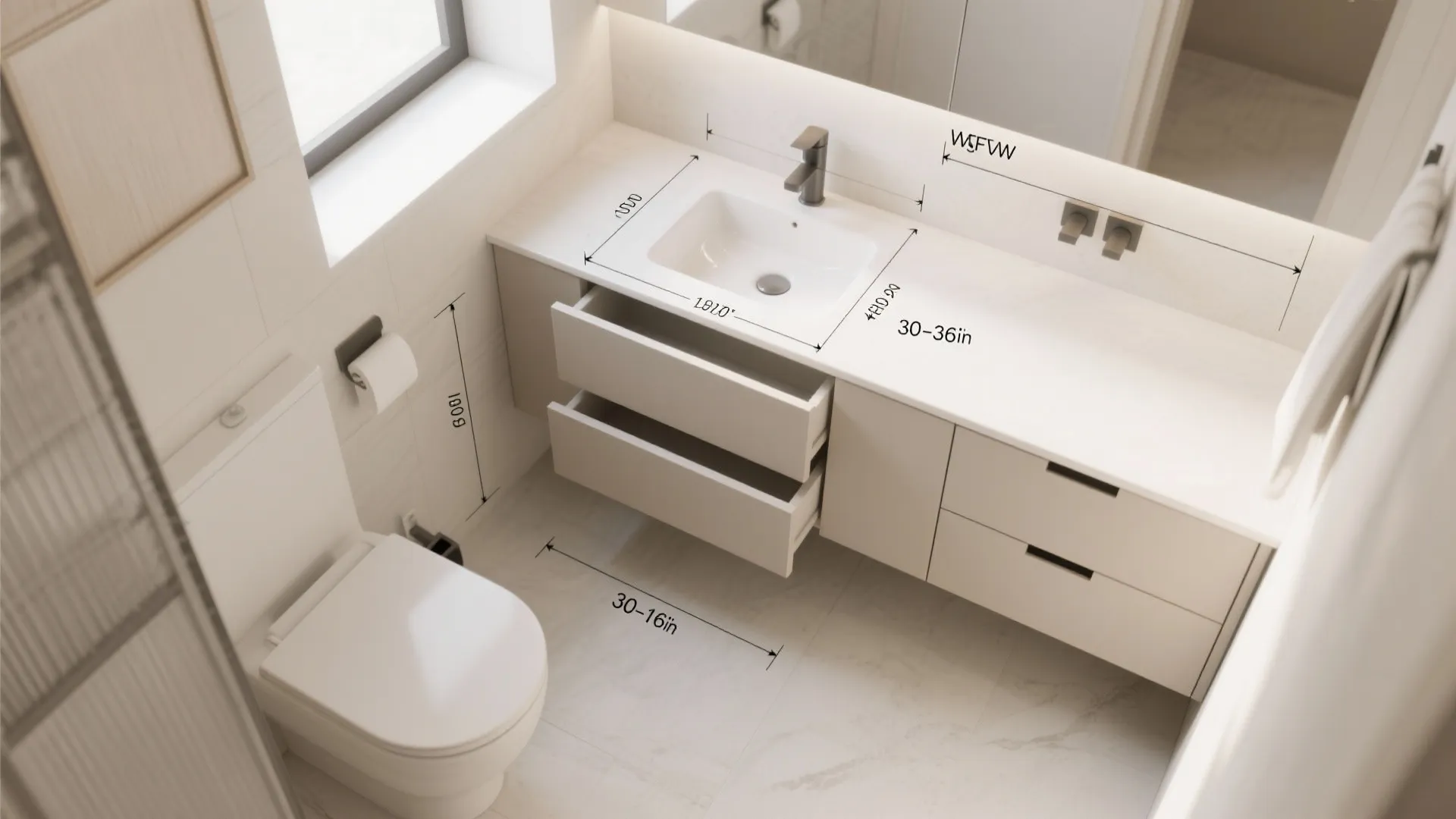 Interior design drawing of a bathroom with size measurements for the cabinet toilet and sink