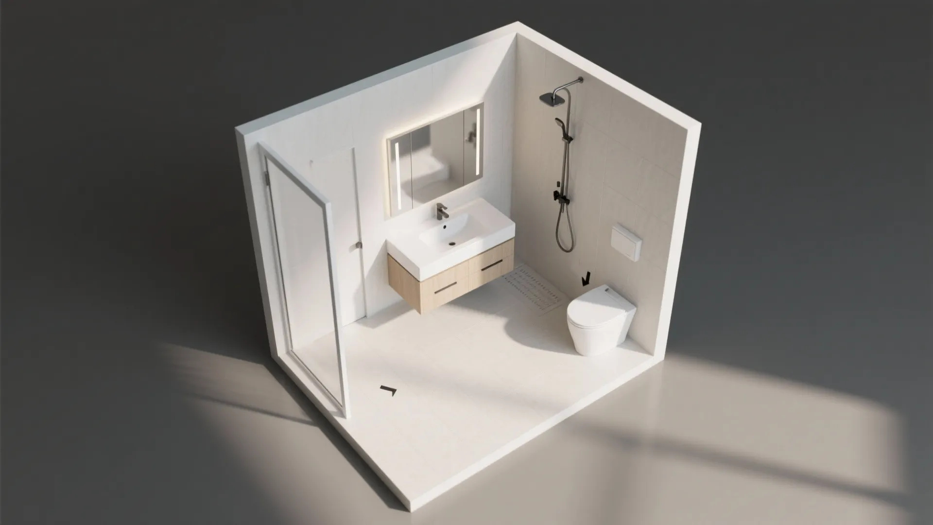 3D interior design drawing of small white bathroom with wooden cabinet sink toilet and shower