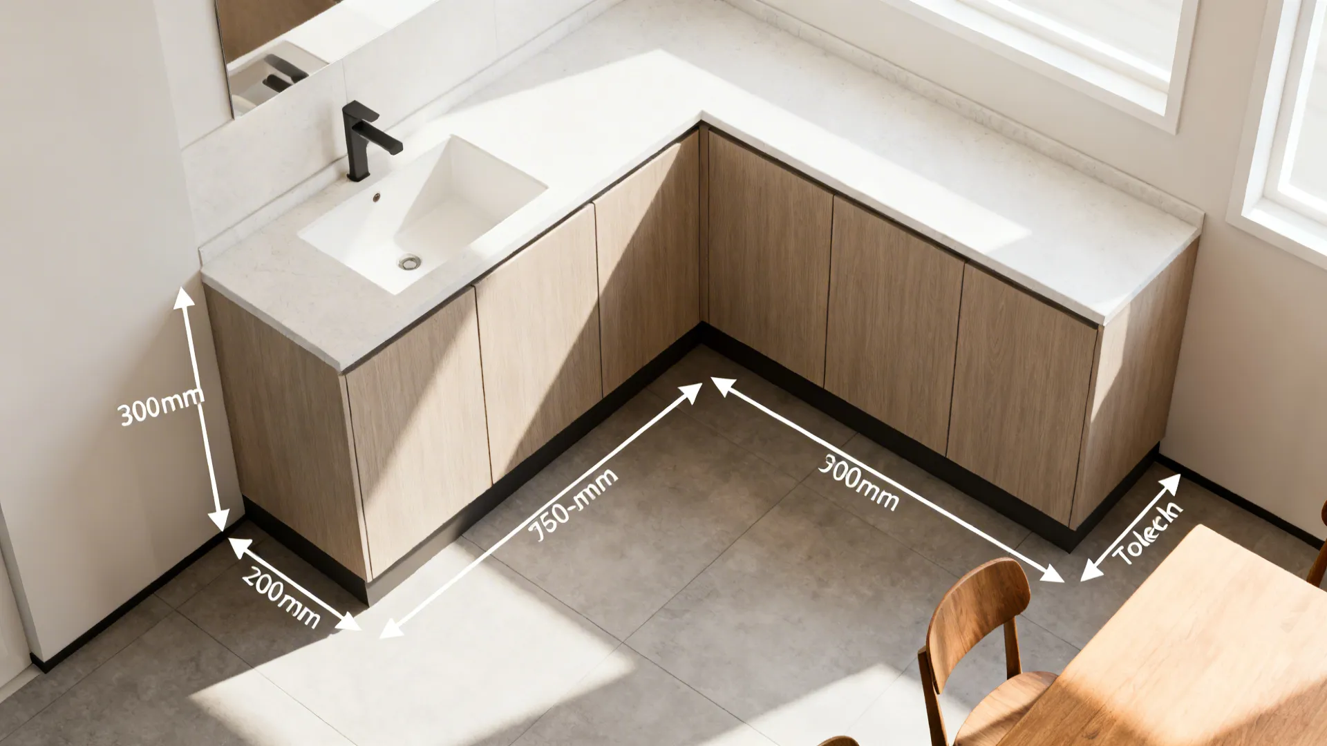 Top-down view showing a slim vanity layout with clear approach space in the dining area.