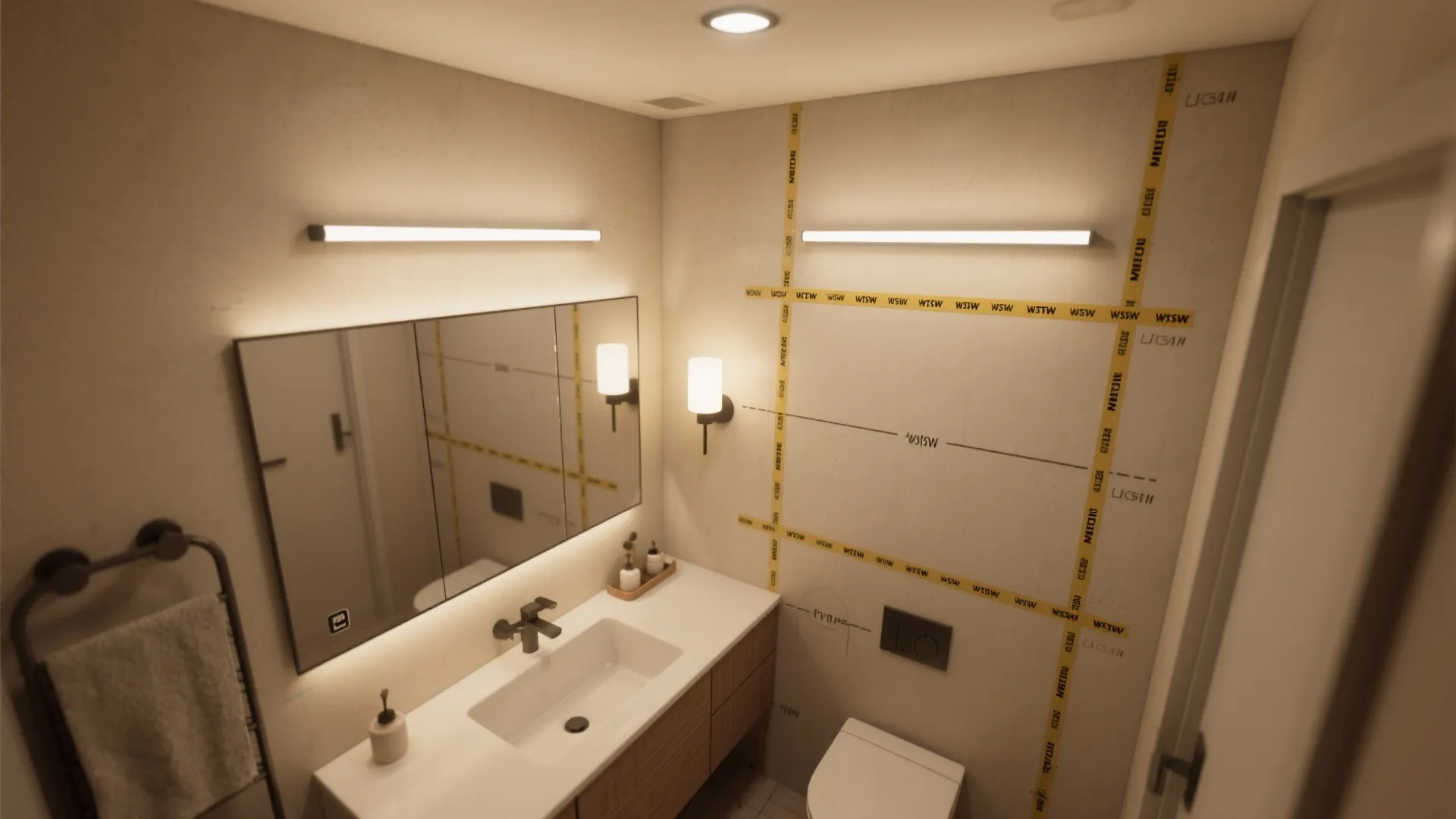 Top-down layout showing vanity fixture placement, sconce heights and mirror width guidelines.