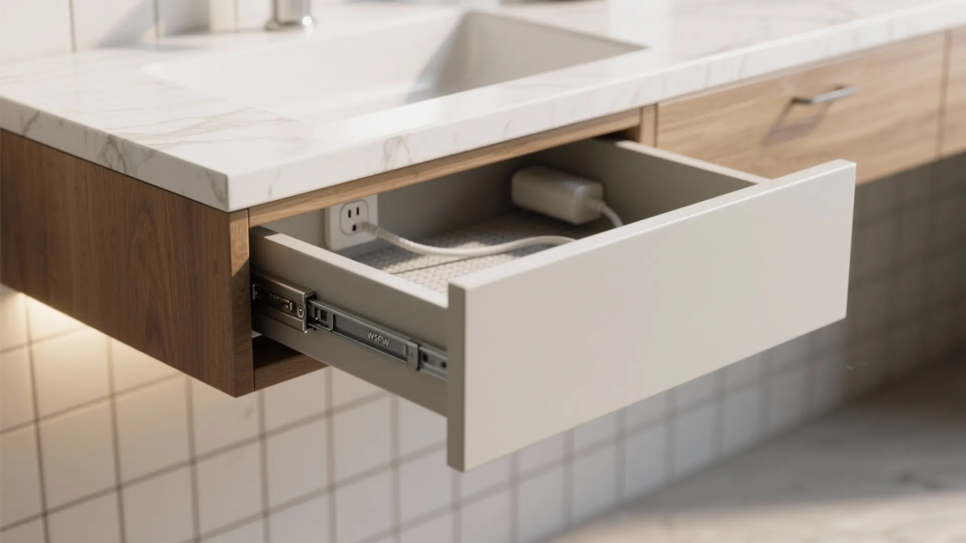 Close-up of floating vanity drawer with soft-close slides, edge-banding, and subtle LED wash.
