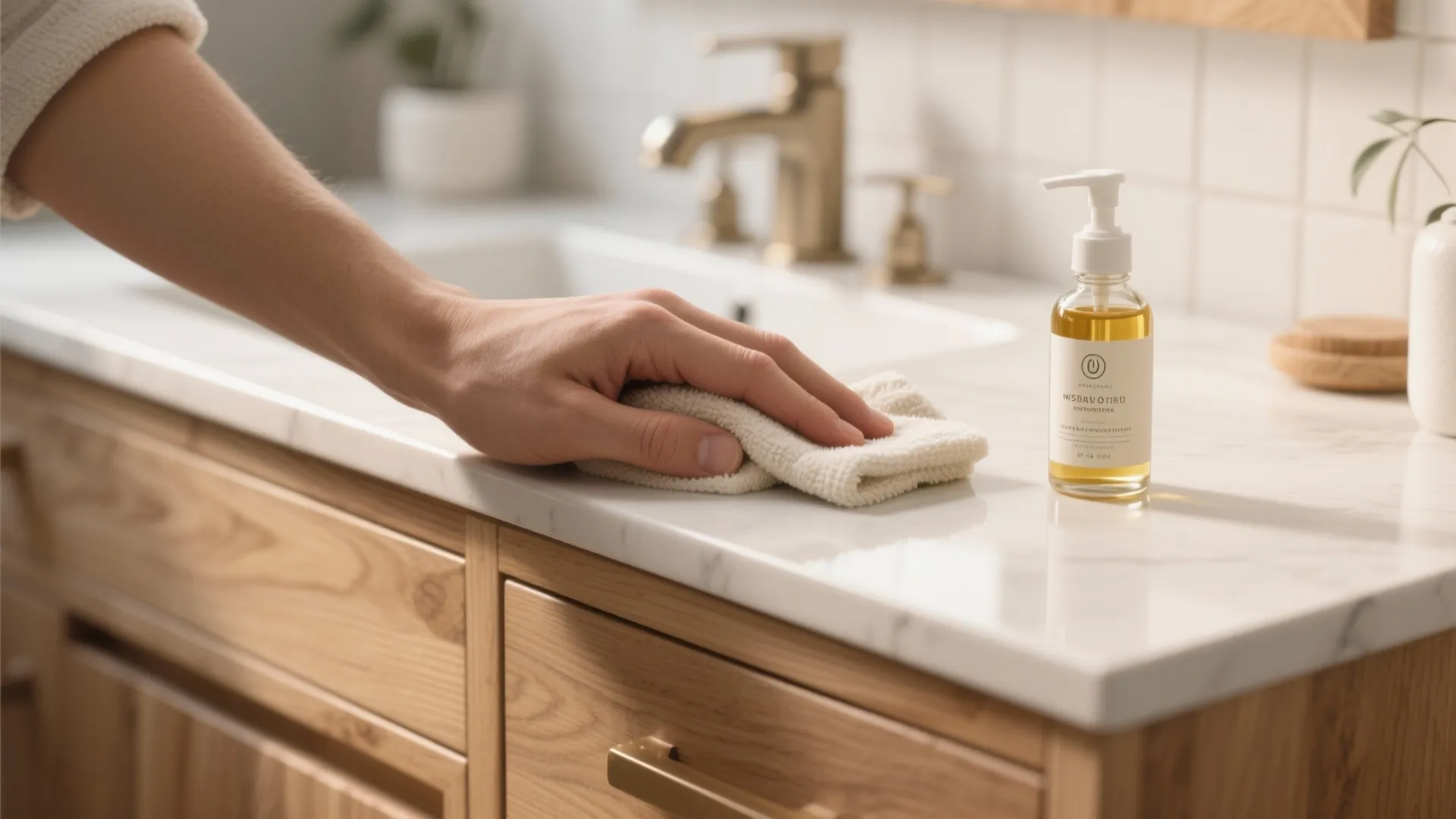 Hand cleaning a white marble bathroom counter with a cloth near a wooden storage cabinet