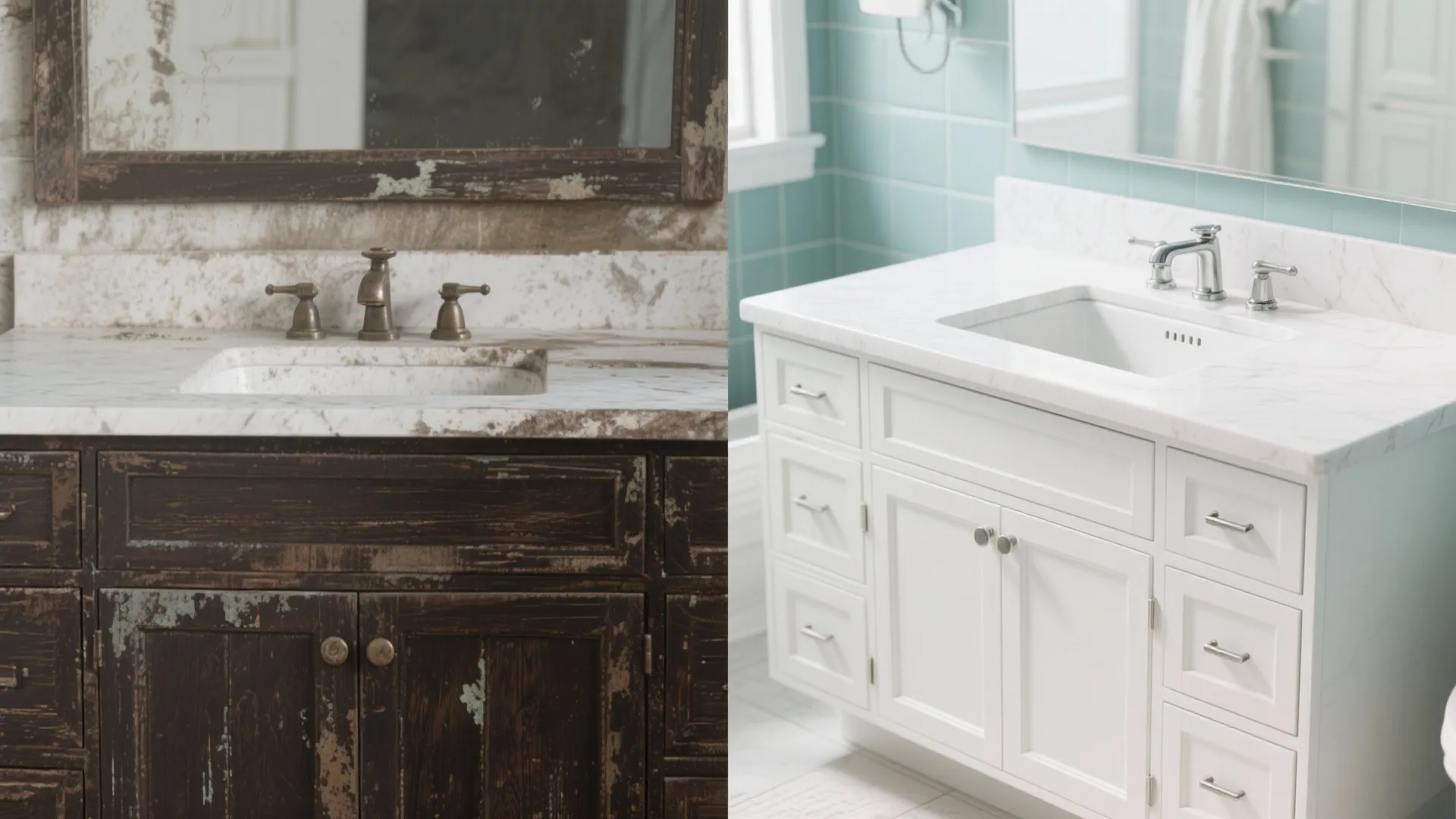 Before and after comparison of an old dark wood cabinet and a new white bathroom cabinet