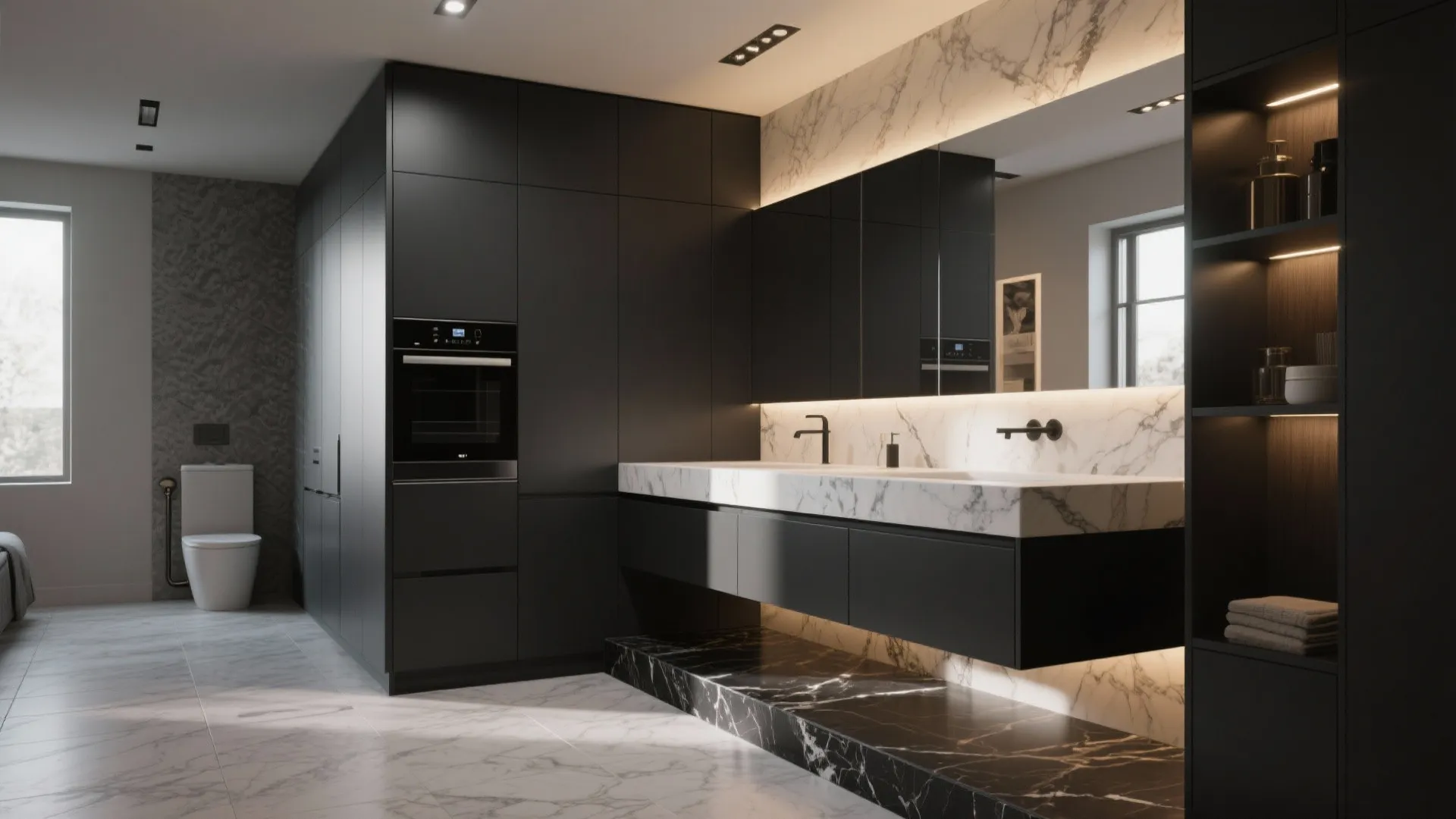 3. Integrated toe-kick and vanity skirt in matching black marble