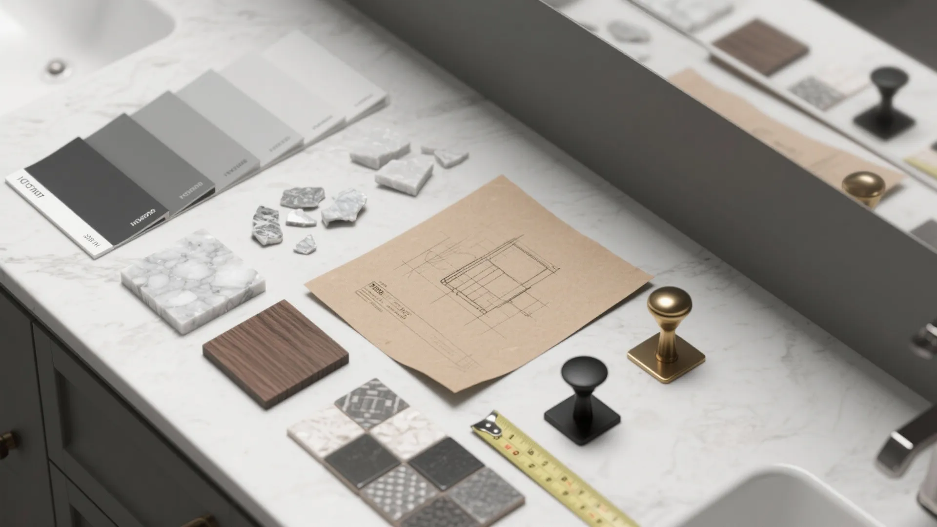 Top-down layout of material samples for a 30-inch gray vanity renovation including countertops and hardware.