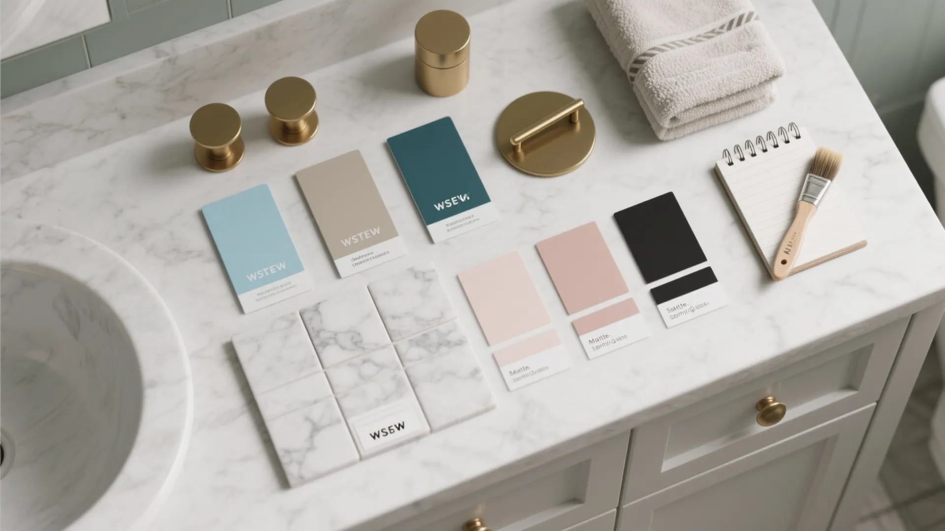 Bathroom design flat lay with marble tile samples color swatches gold hardware and a notebook