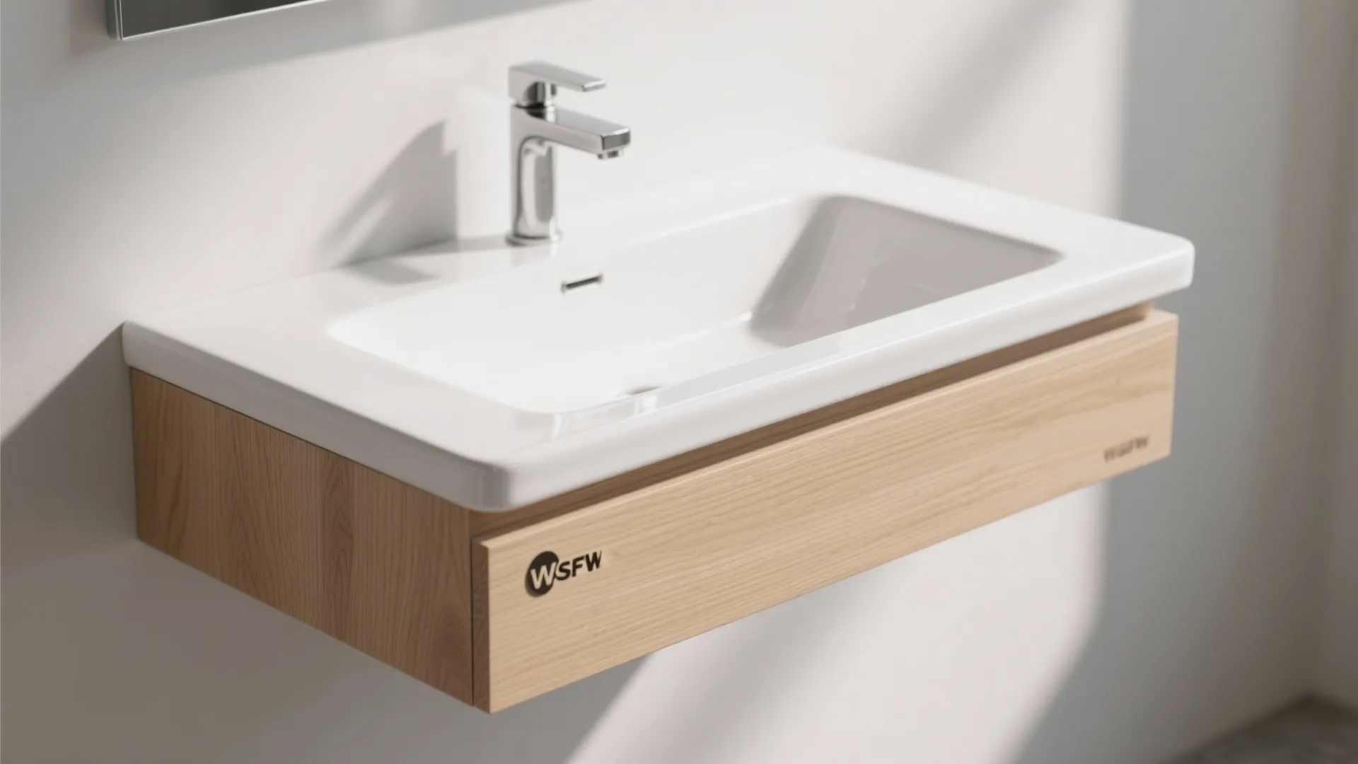 Modern white bathroom sink with chrome tap and wooden cabinet fixed to a plain wall