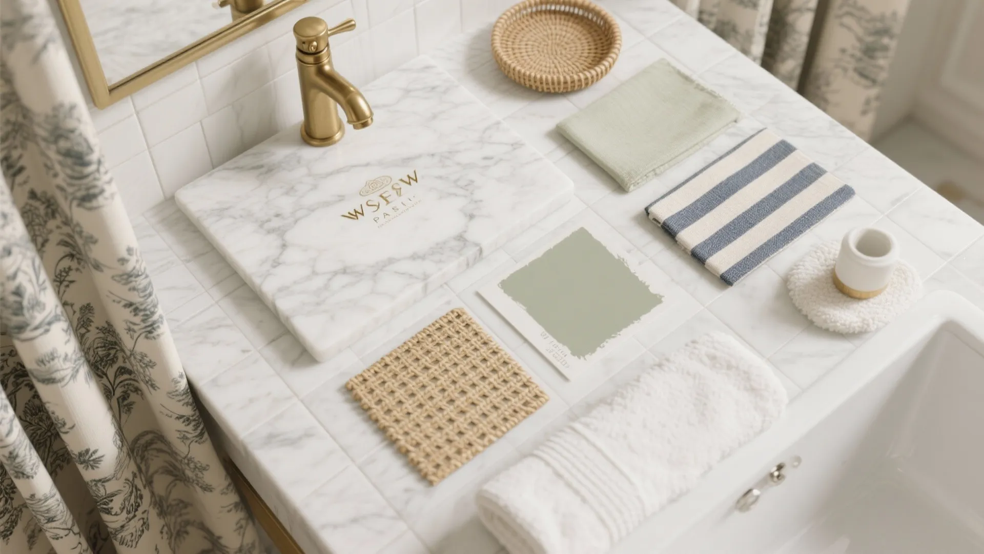 4) Marble, toile, and café textures around the vanity