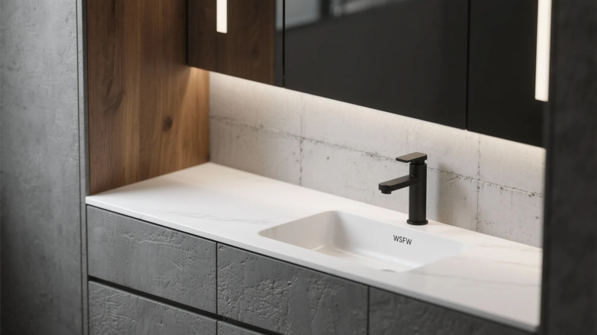 Modern bathroom vanity with white countertop integrated sink black faucet grey cabinets and wood panel