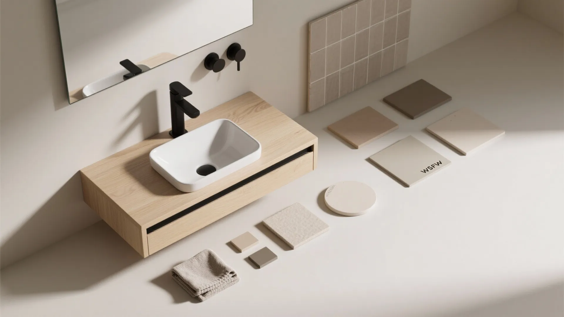 Modern wood bathroom cabinet with white sink surrounded by various stone and wall tile samples