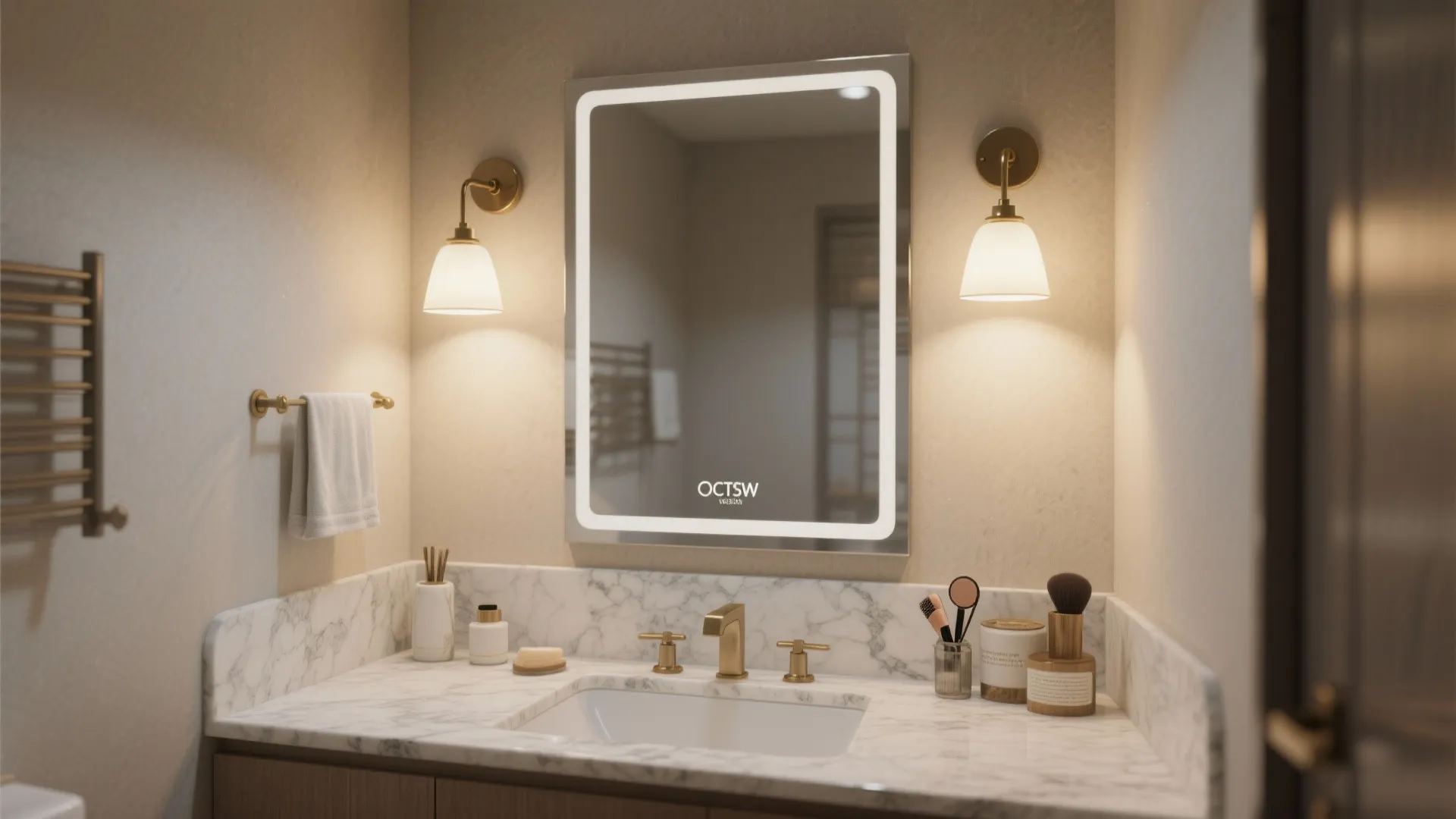 Small bathroom vanity with two wall bracket pendants flanking the mirror for even makeup lighting.