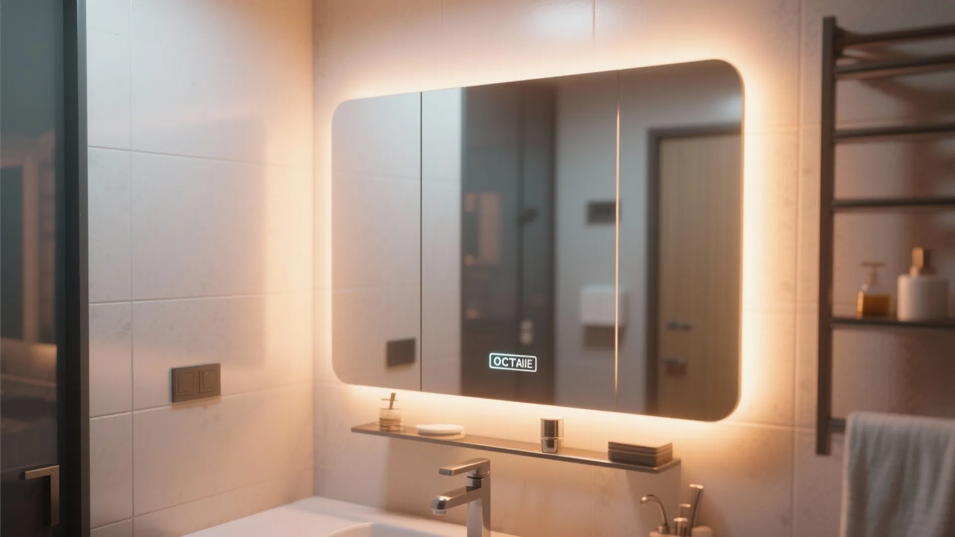 Vanity mirror with integrated lighting in a compact bathroom