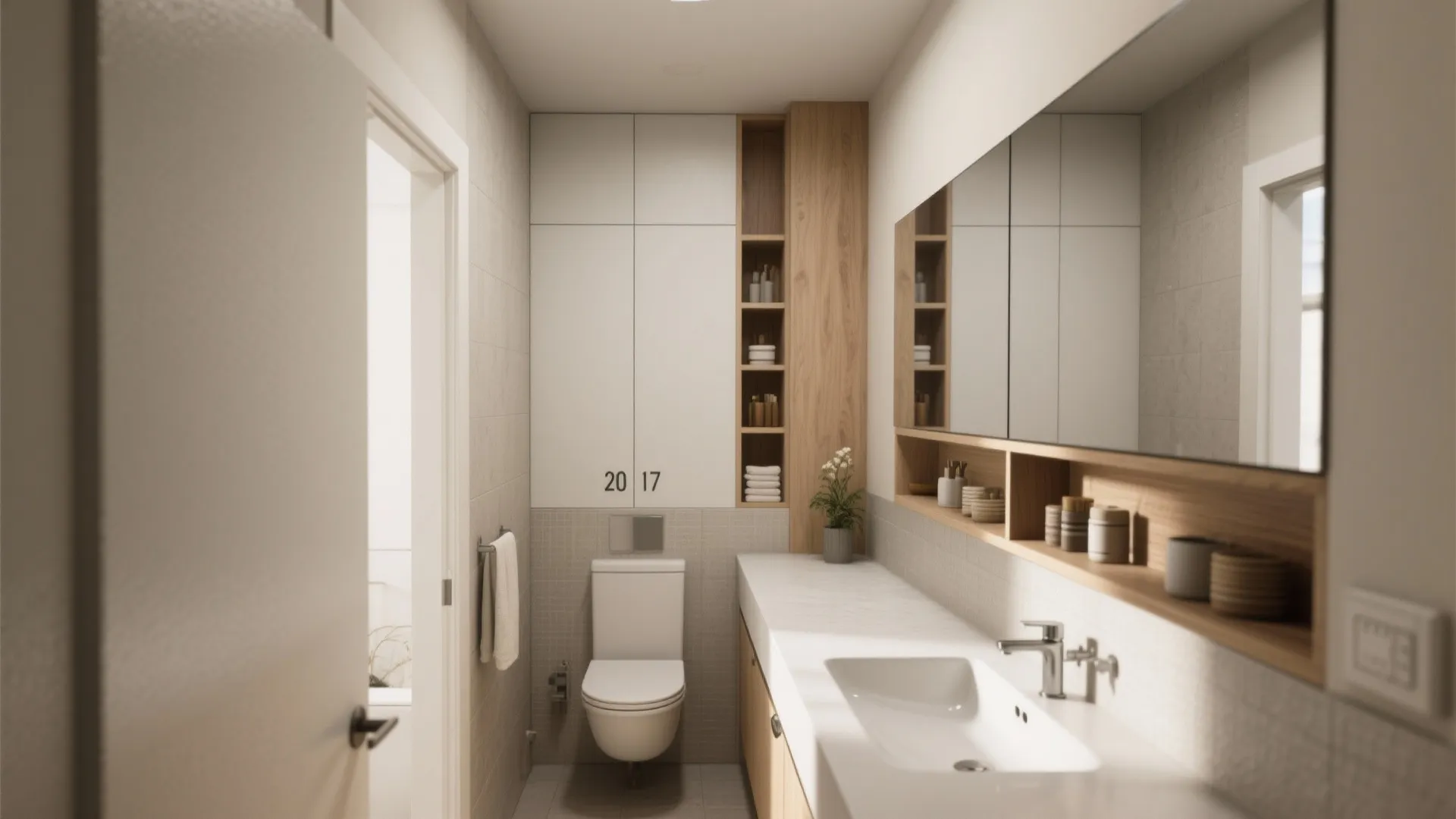 4. Vanity + mirrored storage combo