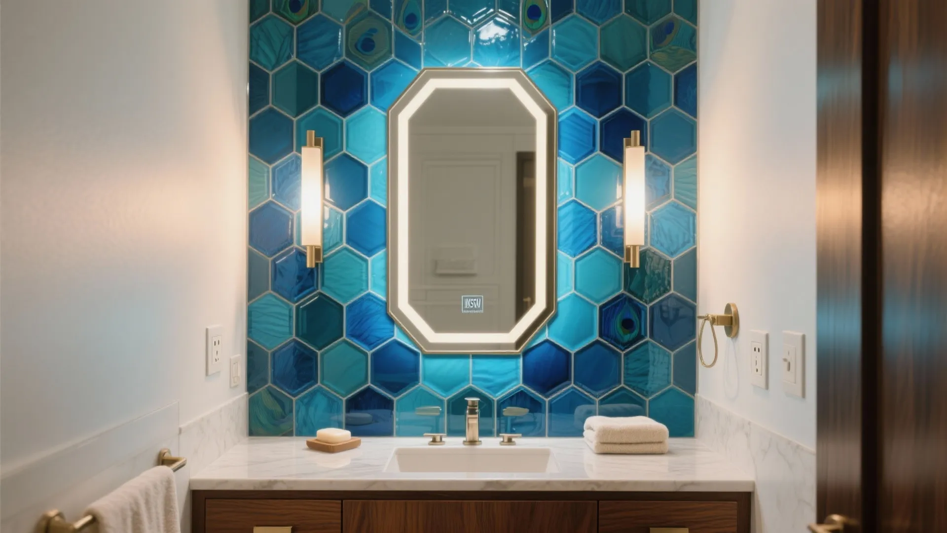 Statement glass mosaic backsplash behind the vanity