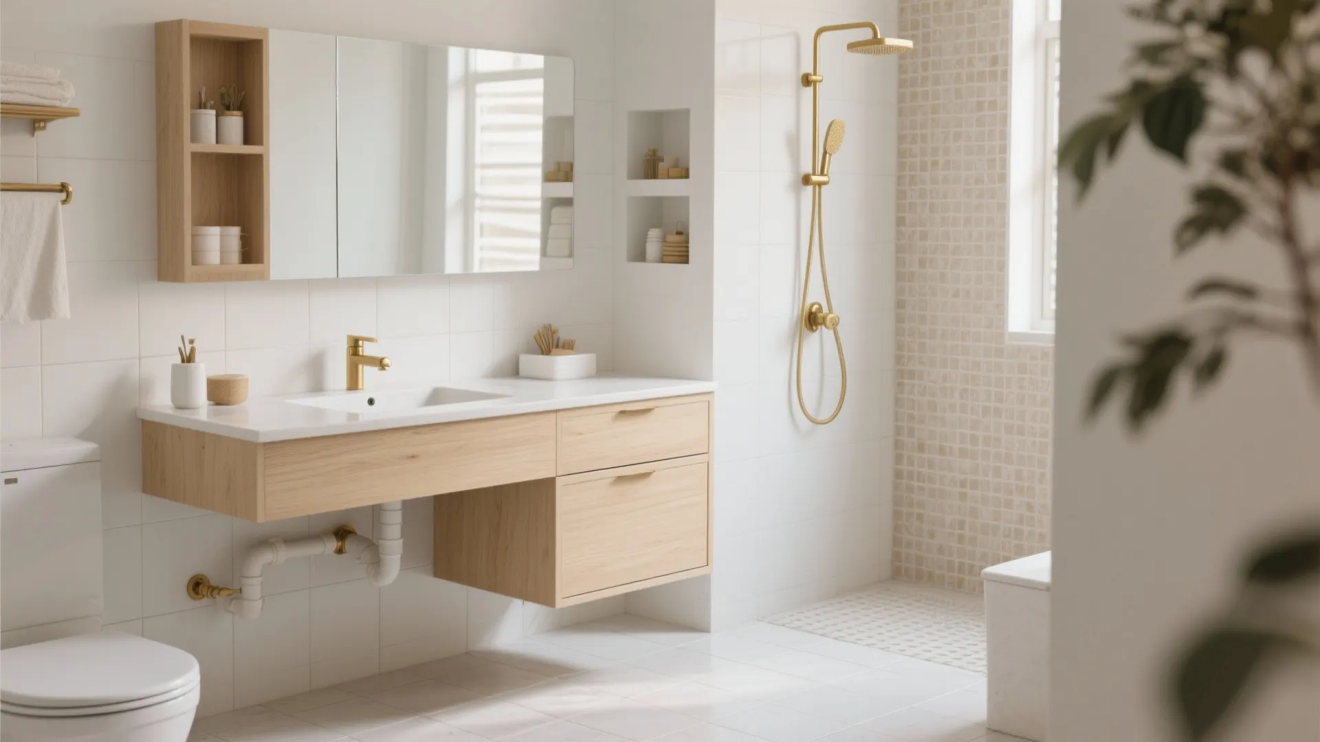 Minimalist storage with floating vanity and wall niches