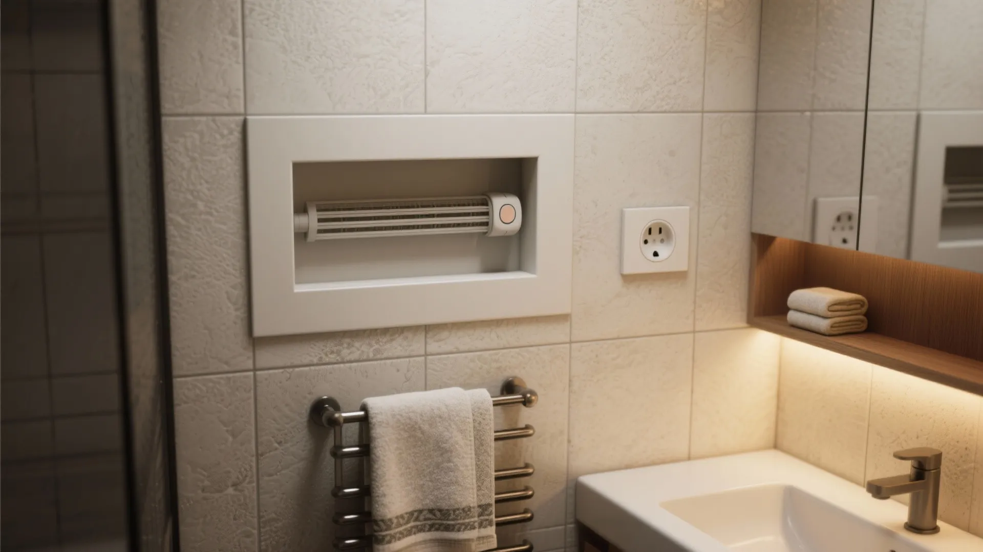 Bathroom wall with recessed shelf holding a device next to power outlet and towel rack