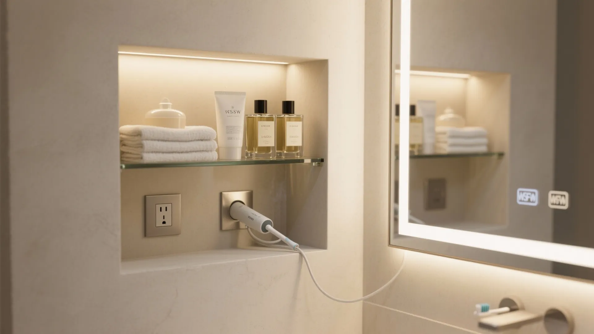 Shallow vanity niche with organized everyday items and hidden outlet