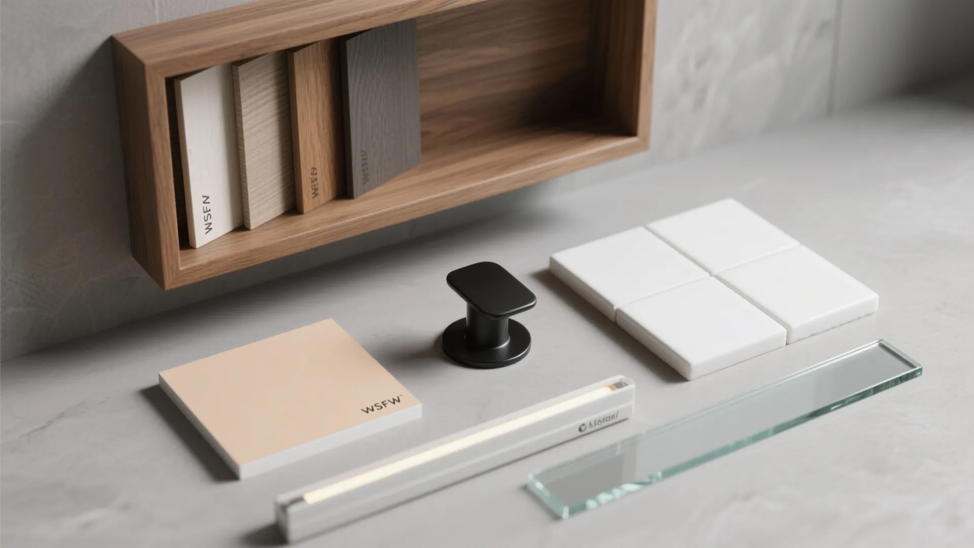 Material board with wood samples white tiles black handle light fixture and glass on grey table