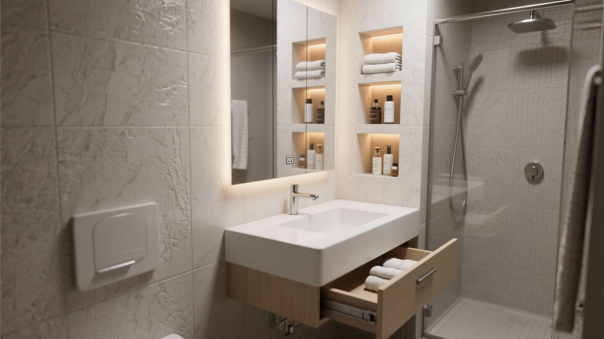 Close-up of a narrow floating vanity with pull-out drawers and illuminated recessed niches for storage.