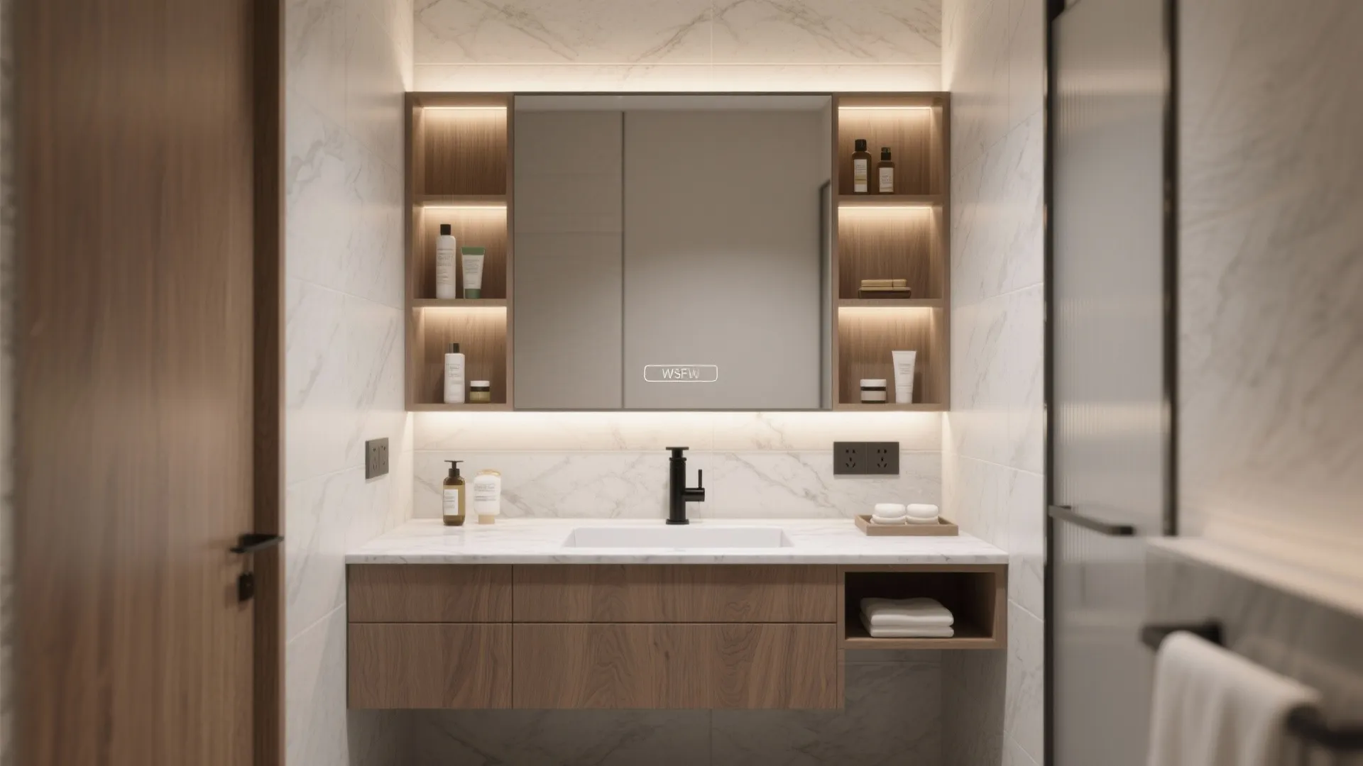 Hotel-style vanity wall with storage niches