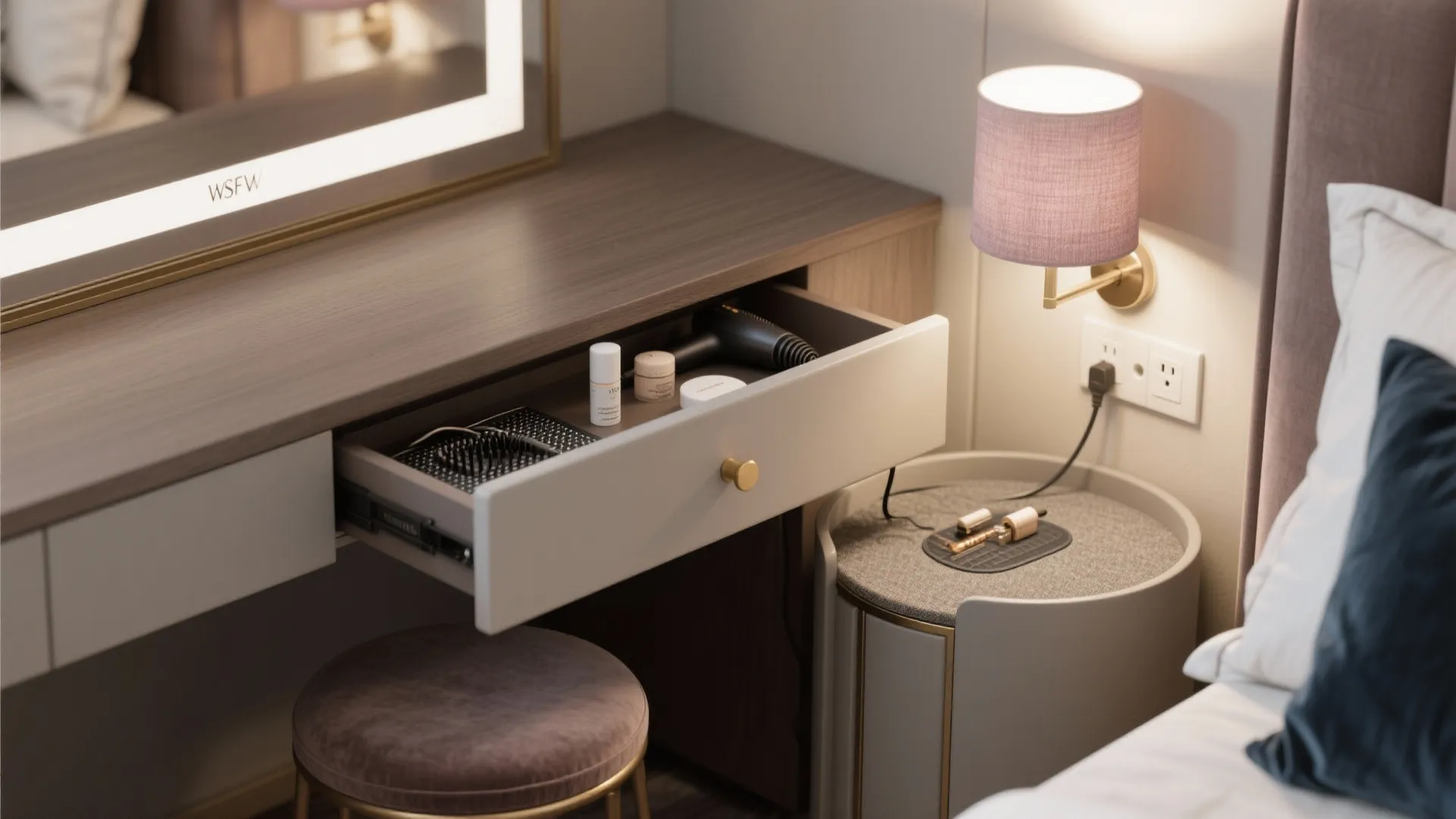 Close up of a wooden dressing table with open drawer, hair dryer, and wall light