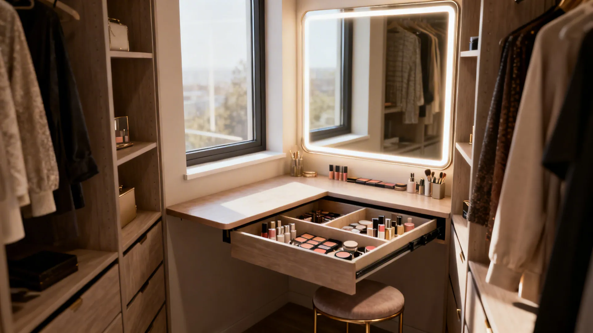 Compact integrated vanity nook with fold-down table, illuminated mirror, and slim drawers