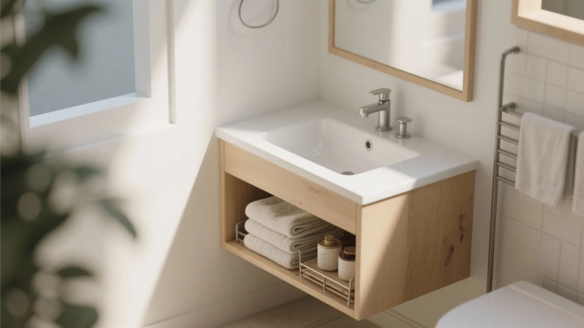 Wooden bathroom cabinet with open shelf storing towels under a white sink with silver faucet