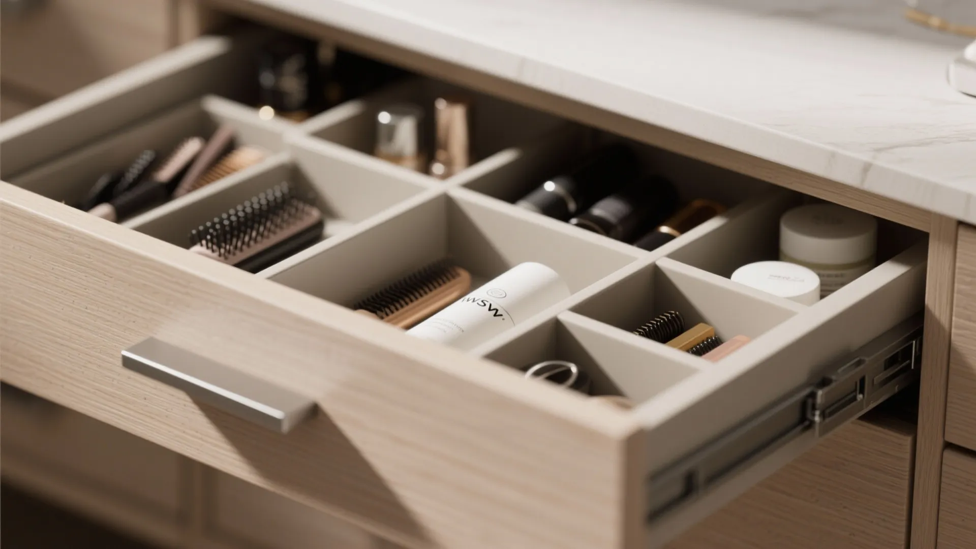 Close-up of modular vanity drawer organizers with soft-close hardware and warm wood laminate finish.