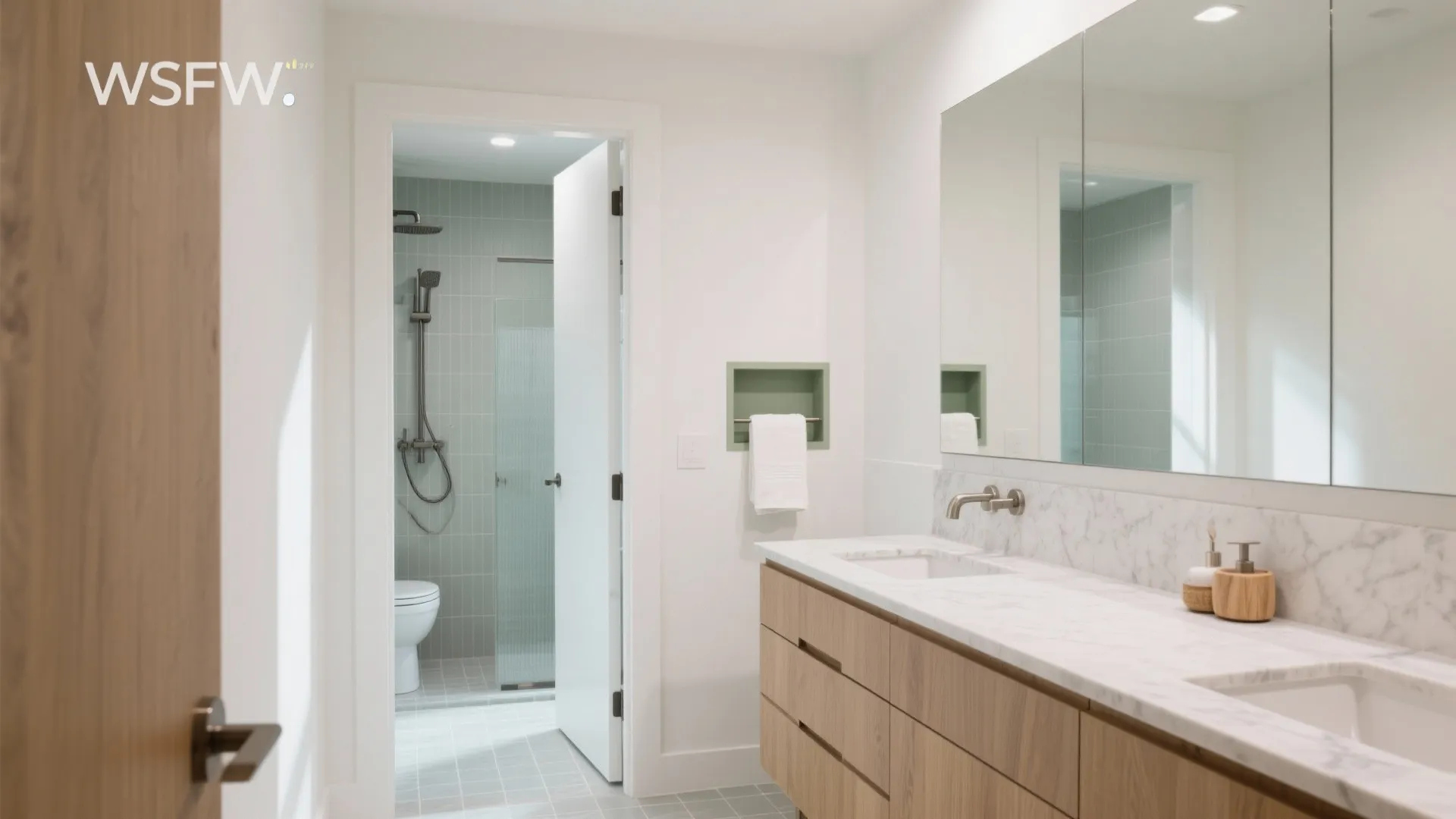 Bathroom view showing marble double sink cabinet and open door leading to green tiled shower