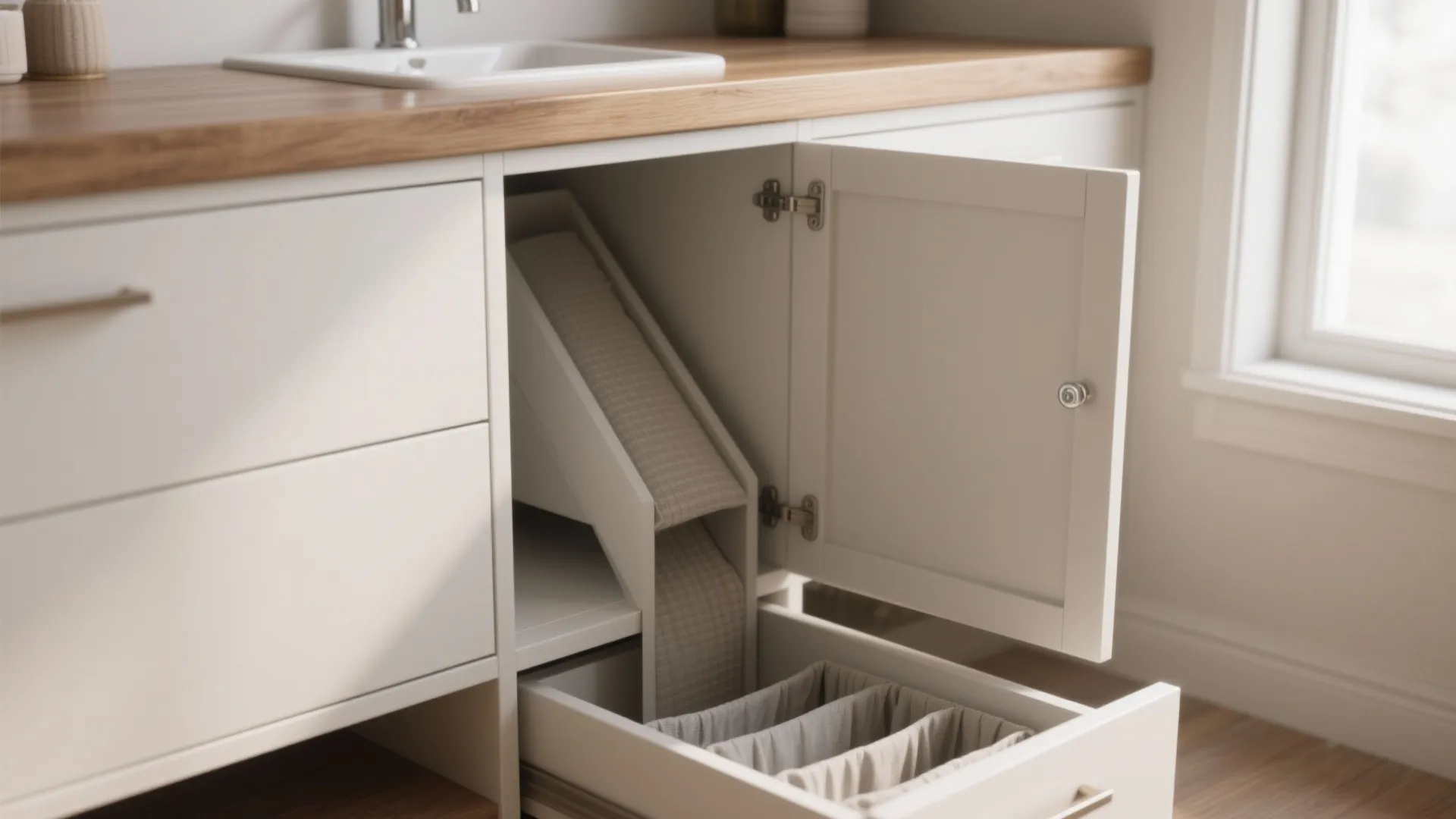 White bathroom cabinet with open door and drawer showing internal laundry chute and wood counter