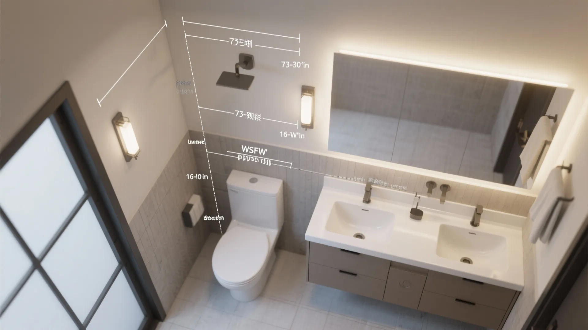 Modern bathroom layout drawing showing measurements for toilet vanity sink mirror and wall light fixtures