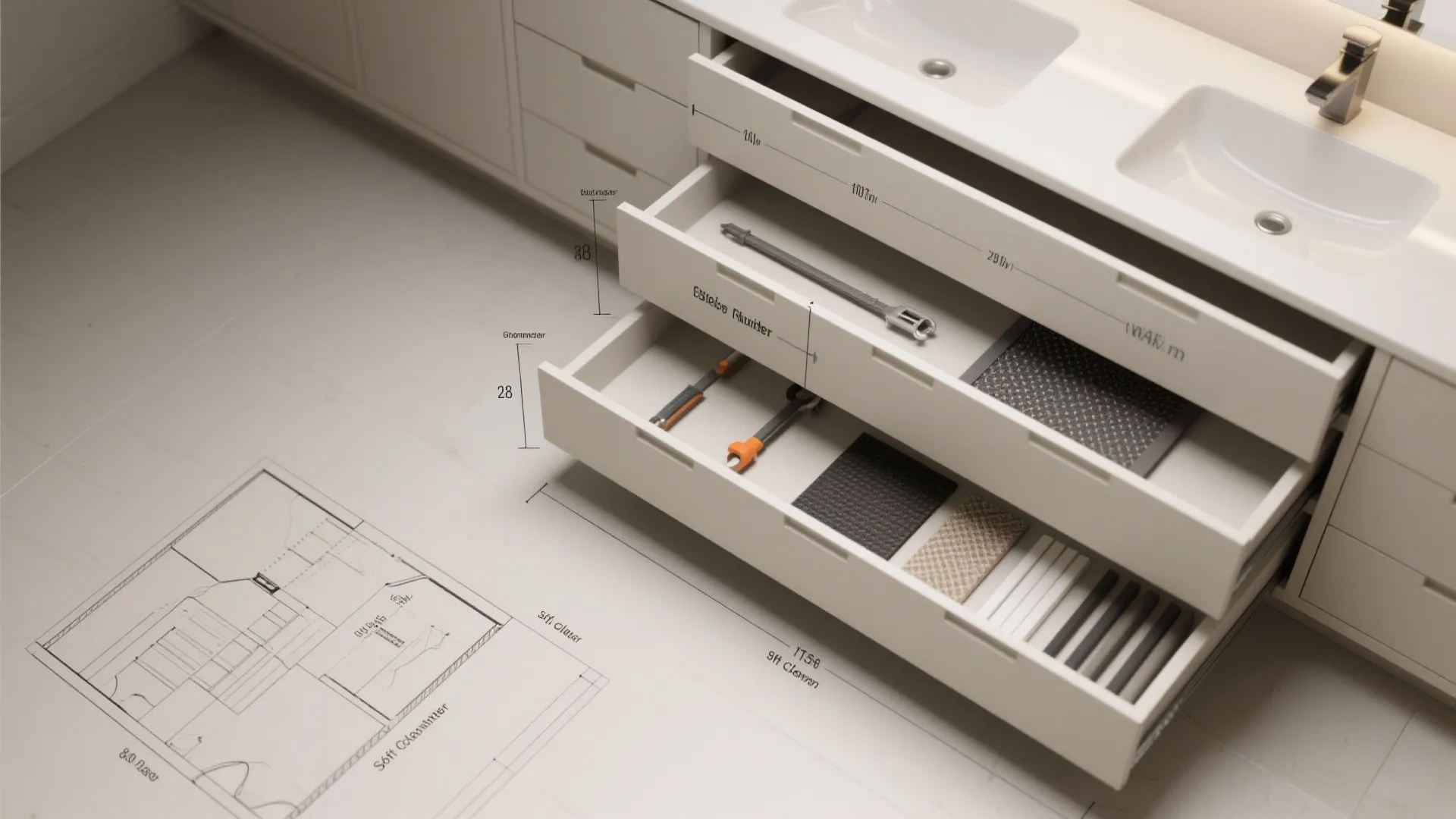 Interior design drawing showing white bathroom cabinets with open drawers holding tools and floor plan