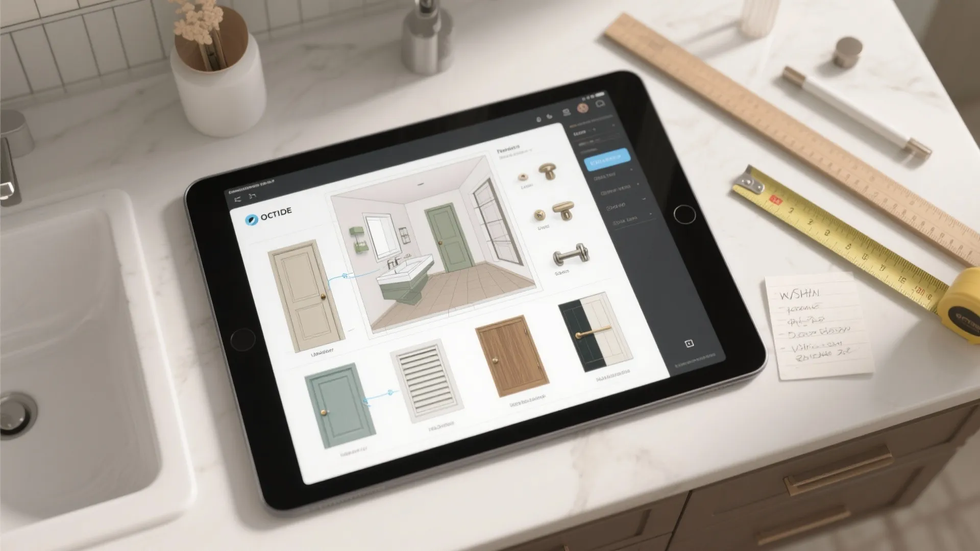 Top-down view of 3D planner on a tablet alongside cabinet samples and hardware