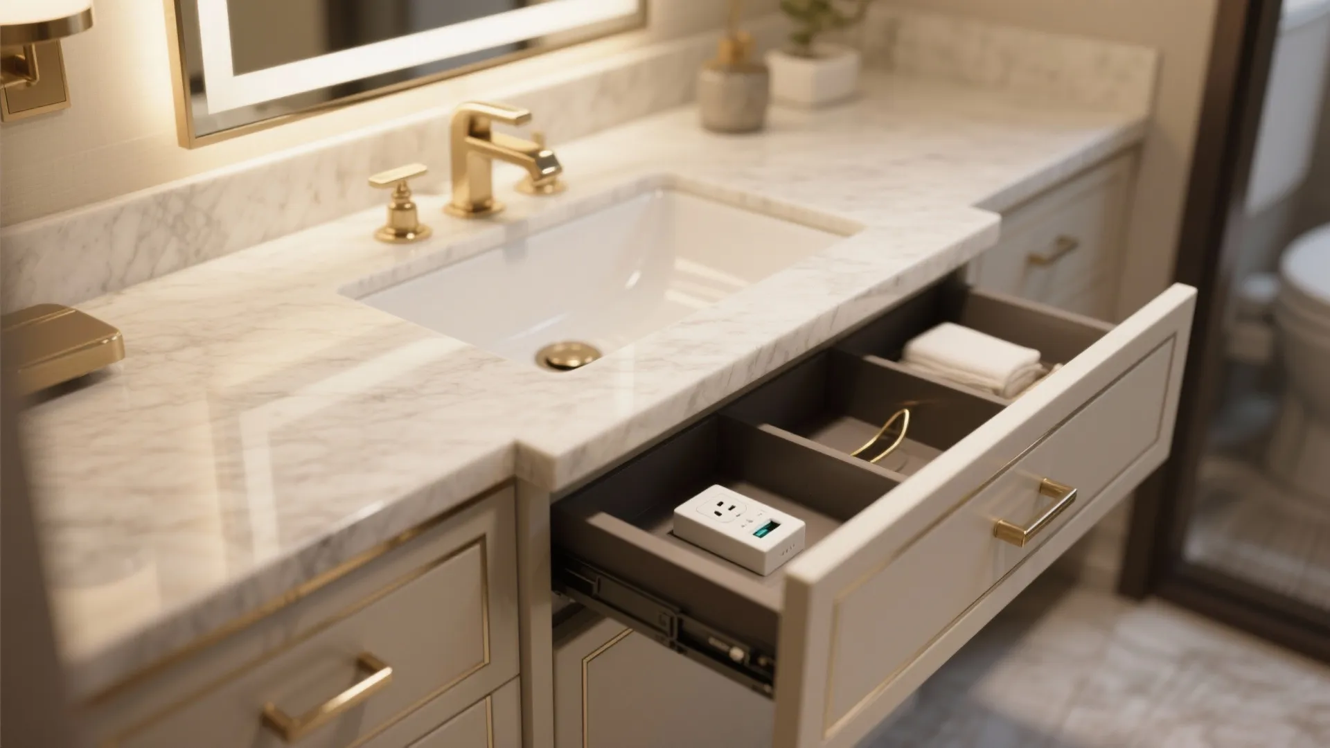 Modern bathroom vanity with marble top gold faucet and open drawer showing internal power outlet
