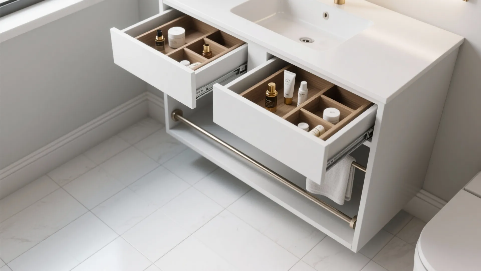 Top-down view of a vanity pull-out with two shallow drawers and a towel bar extended