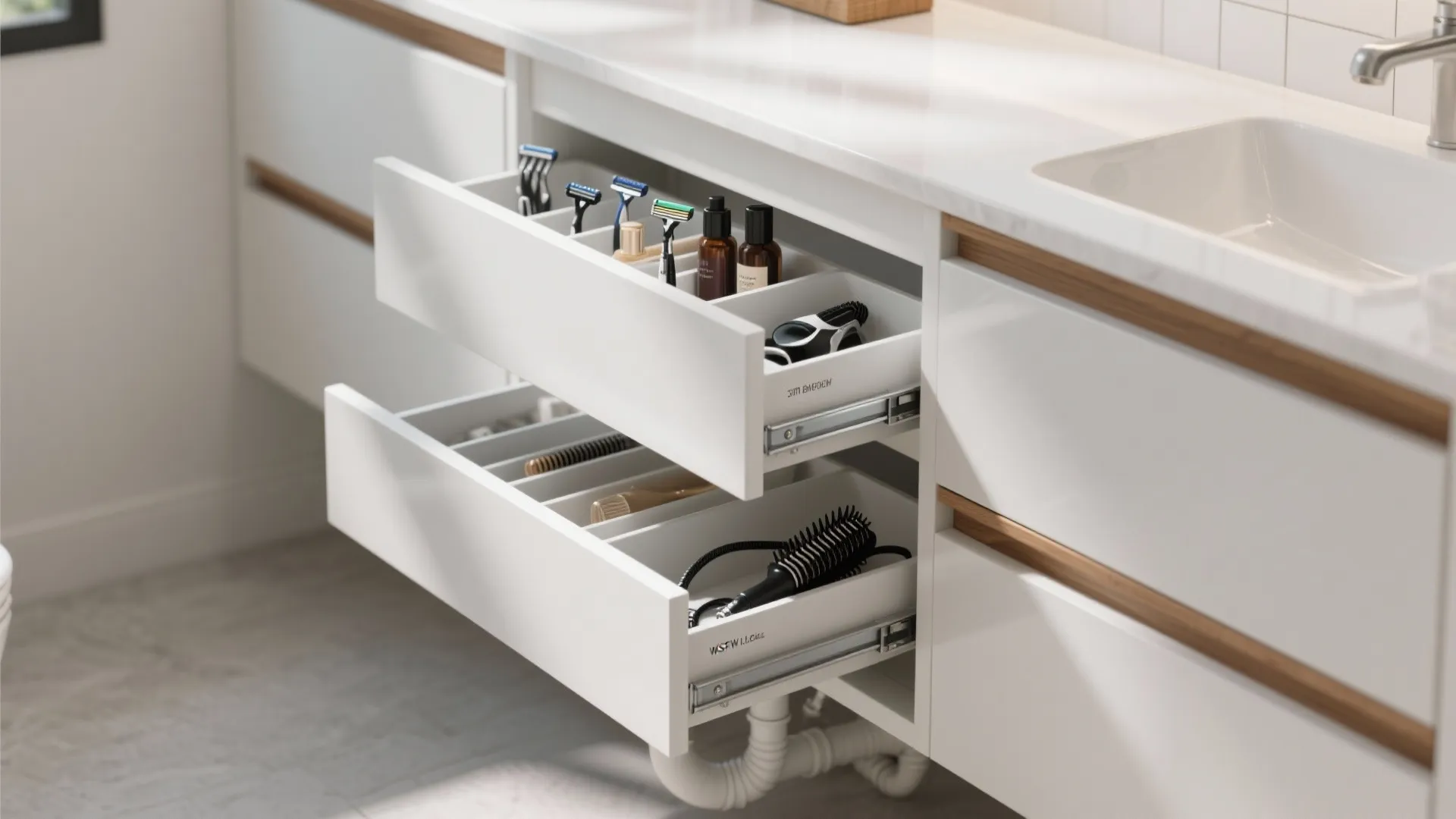 Open white bathroom vanity drawers with organizers holding razors bottles hairbrushes and a black hairdryer