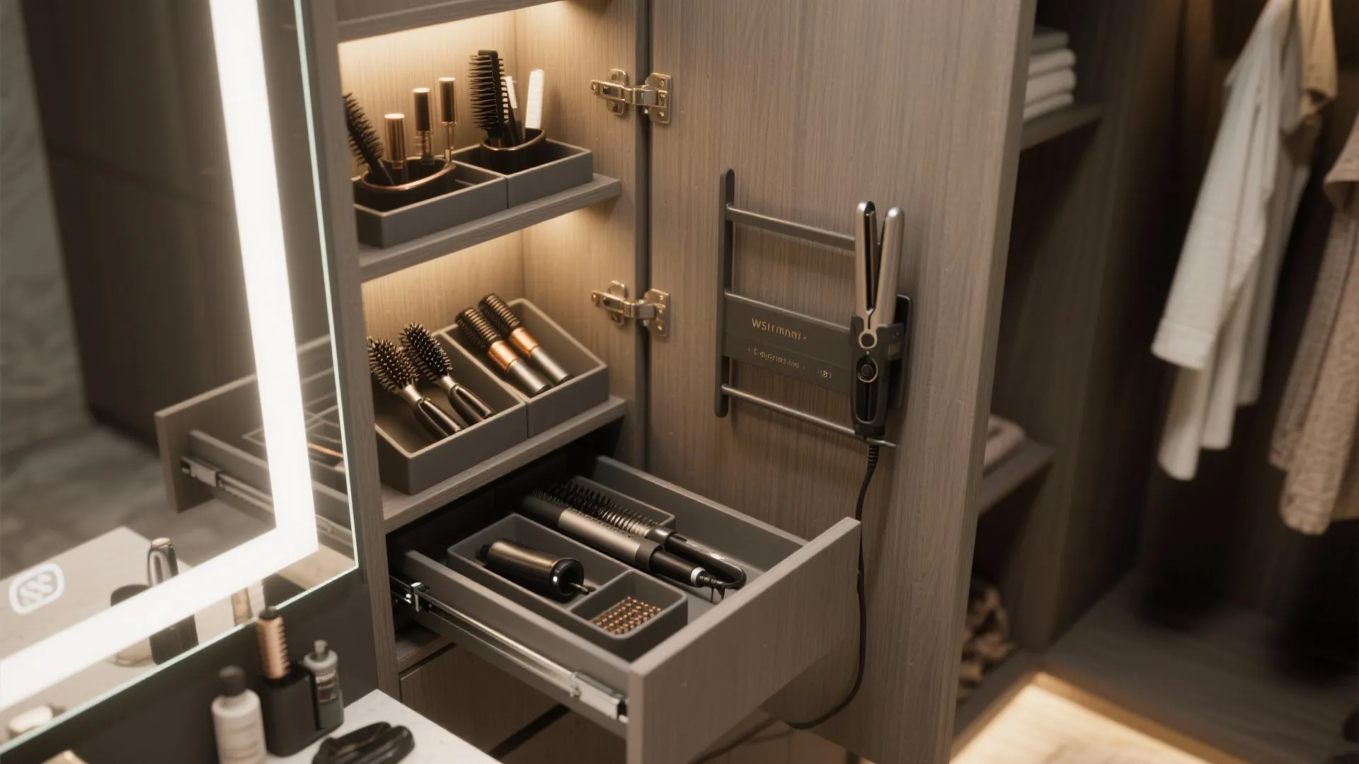 5. Vanity-integrated closet with pull-out organizers