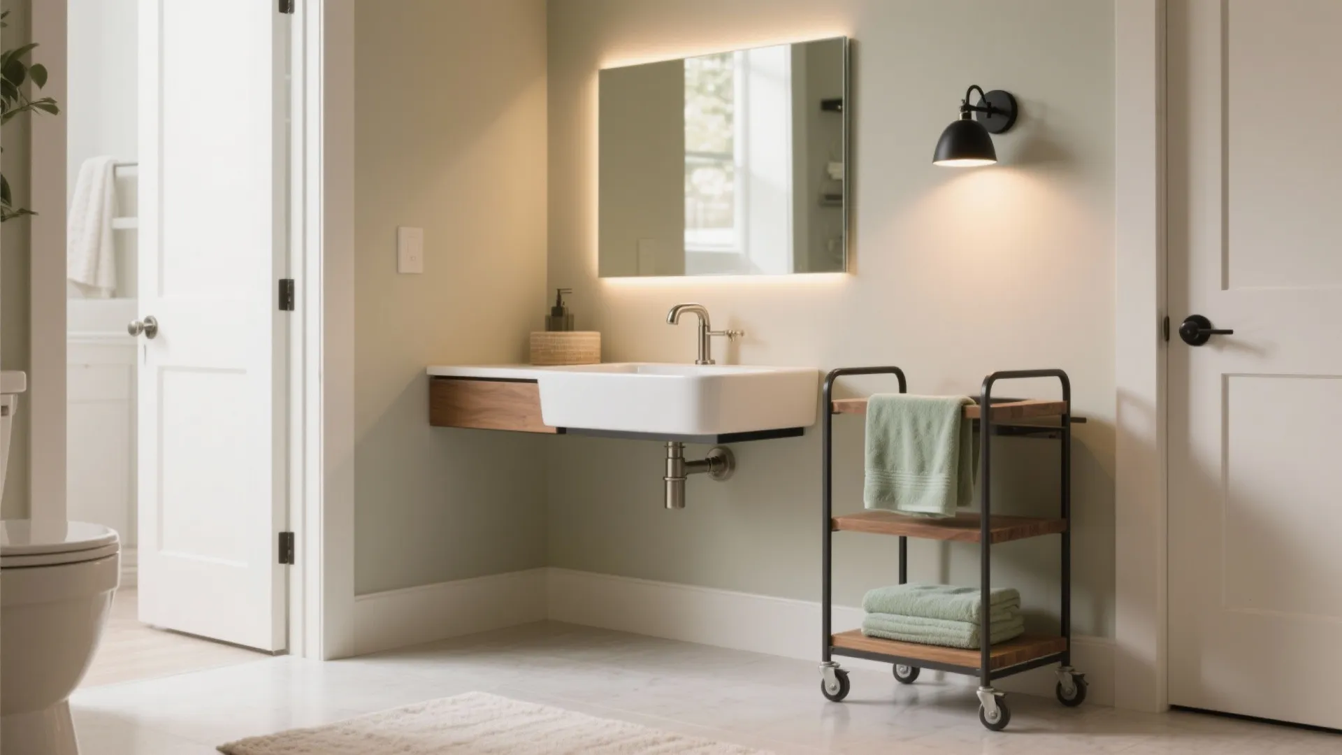 Pop-up vanity and rolling storage