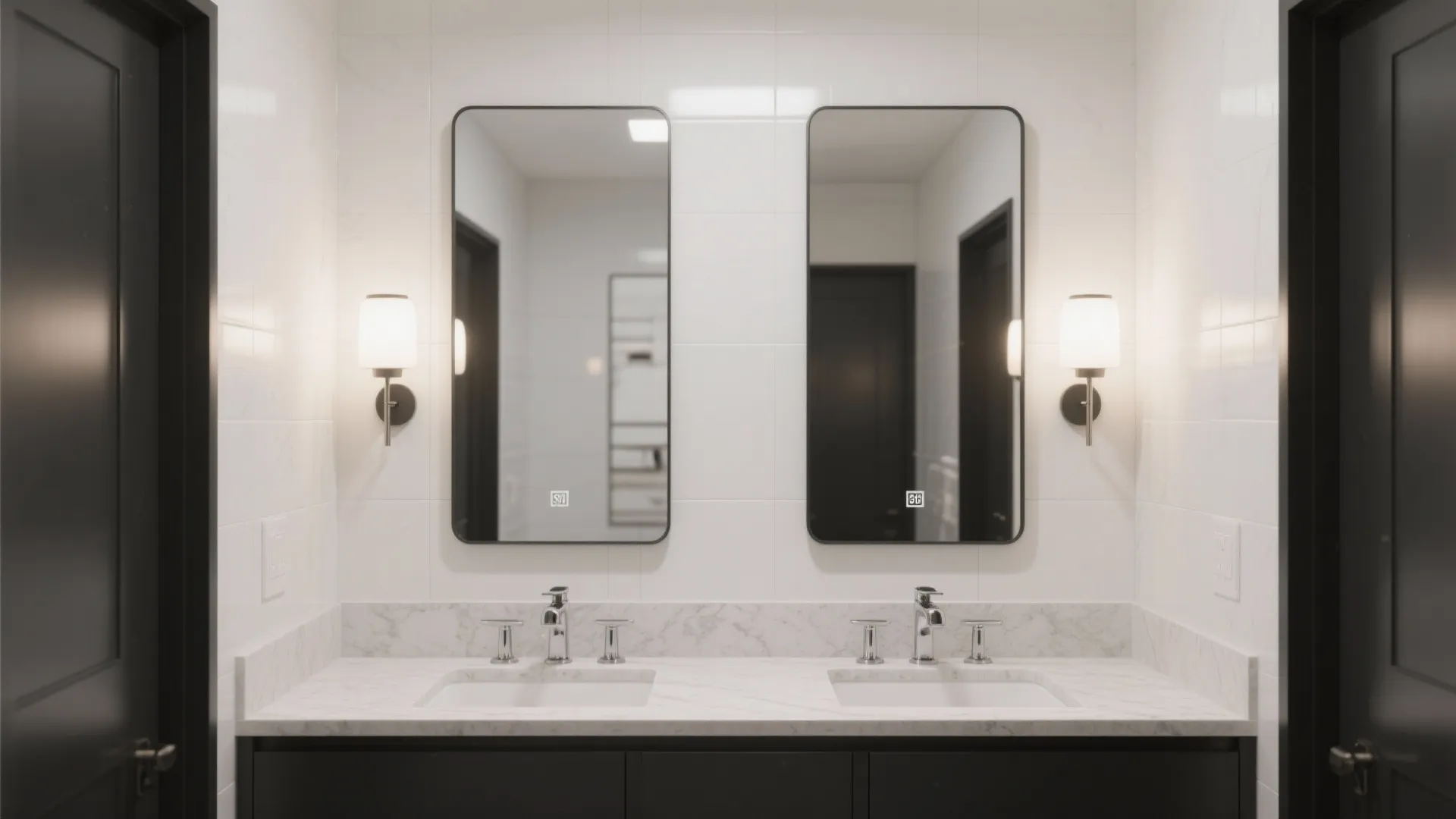 Modern bathroom vanity featuring double sinks white marble countertop two mirrors and wall light fixtures